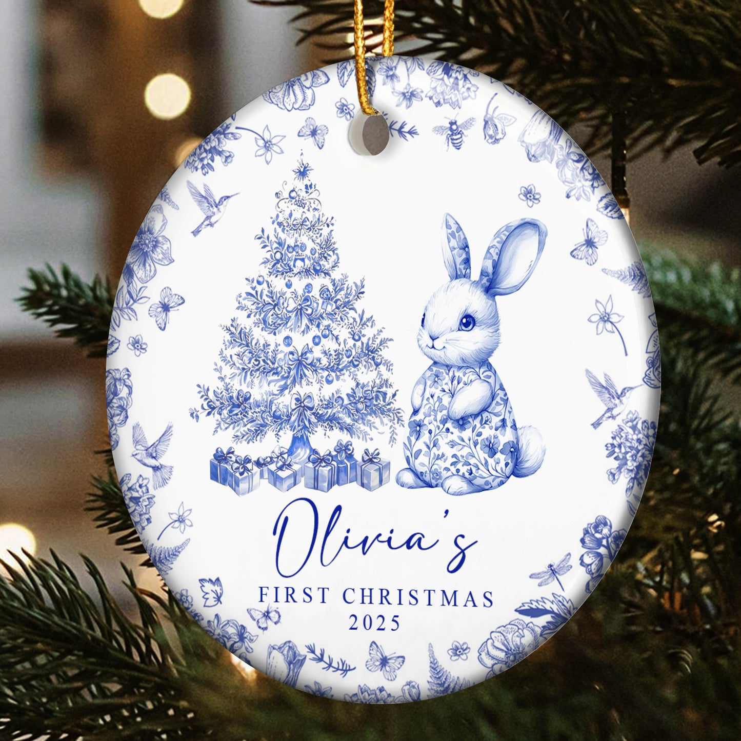 Baby's First Christmas Toile De Jouy - Personalized Ceramic Ornament