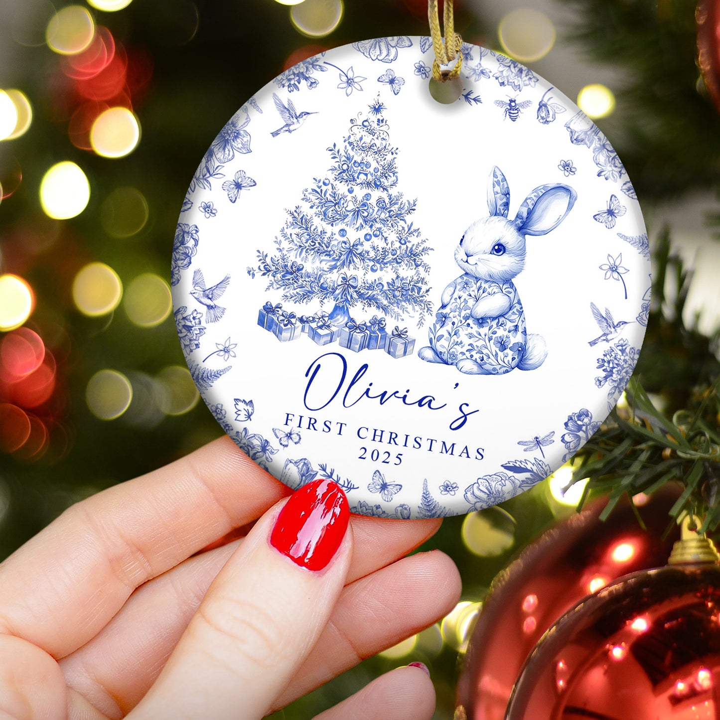 Baby's First Christmas Toile De Jouy - Personalized Ceramic Ornament