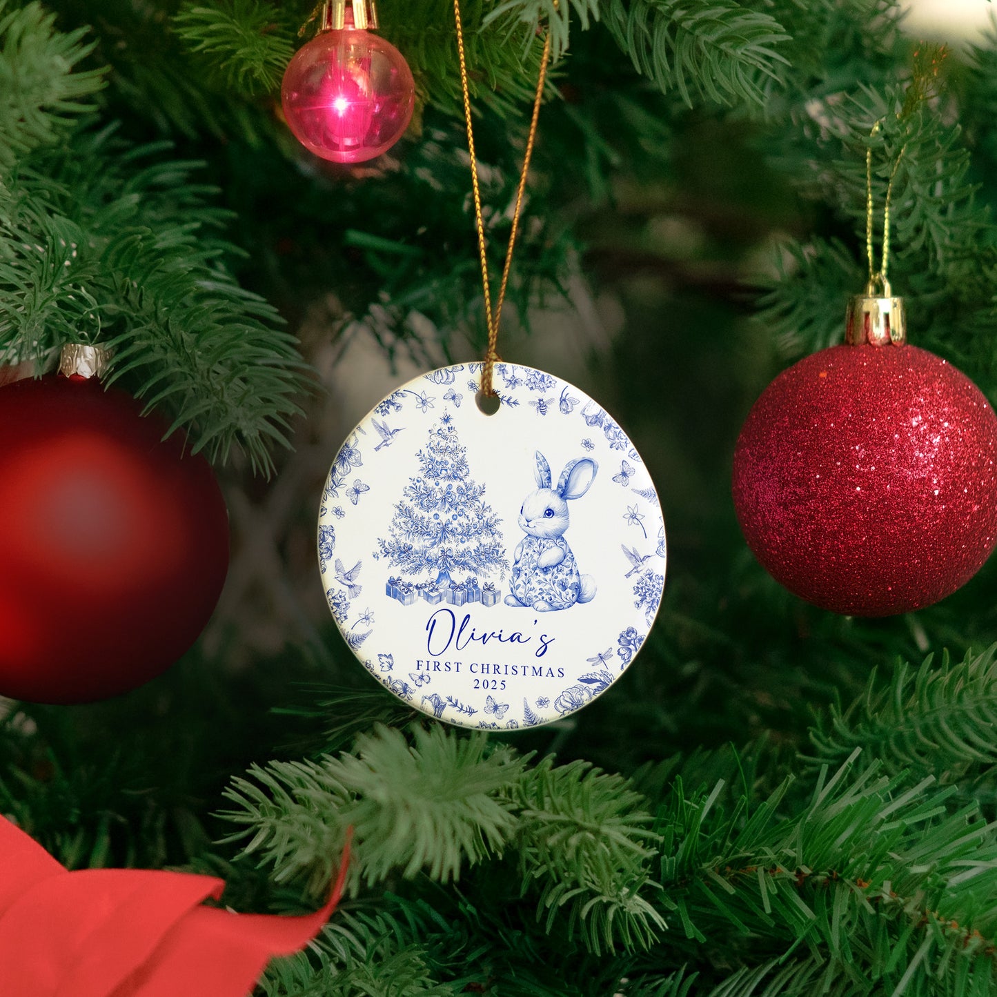 Baby's First Christmas Toile De Jouy - Personalized Ceramic Ornament