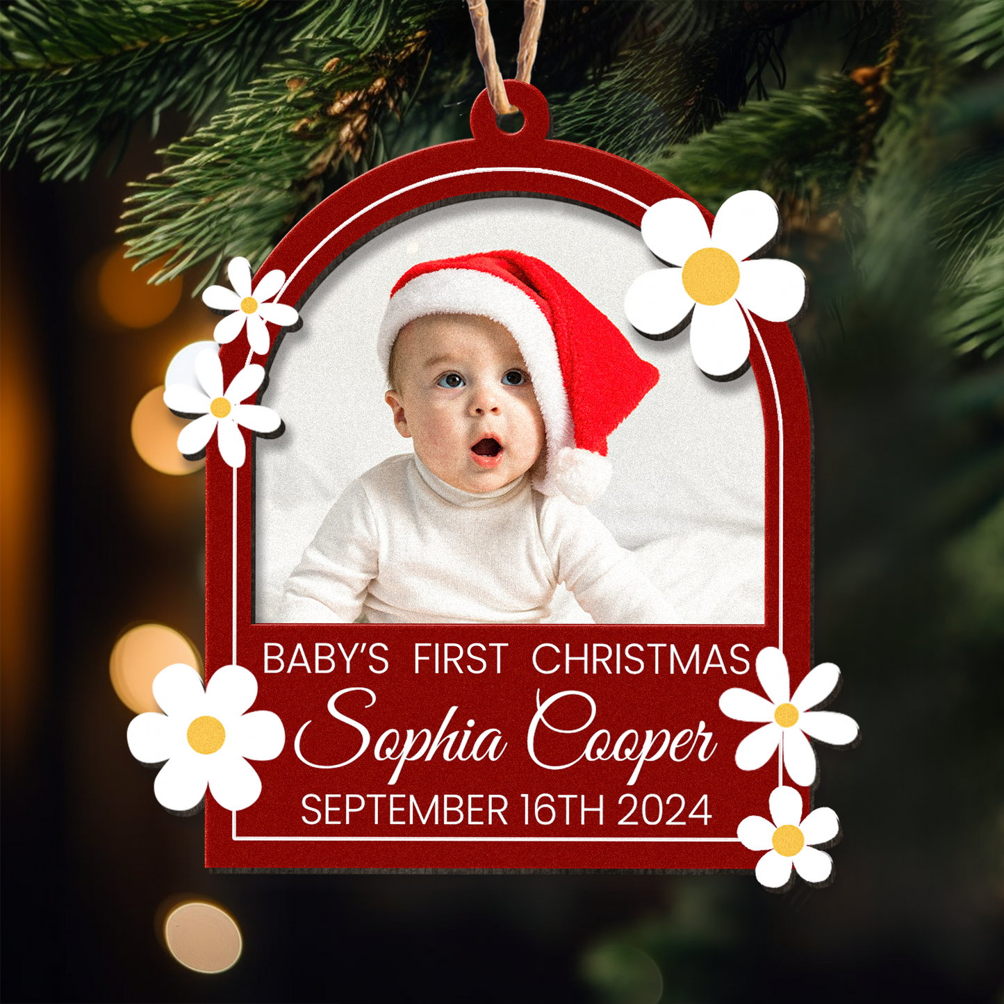 Baby's First Christmas With Flowers - Personalized Wooden Photo Ornament