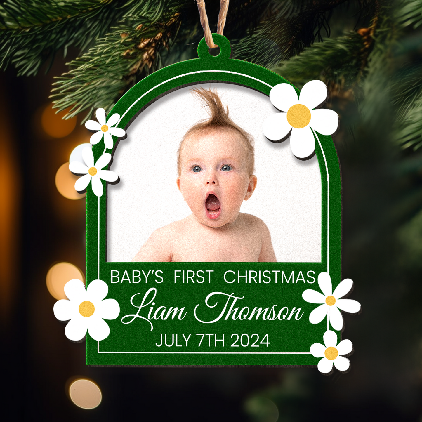 Baby's First Christmas With Flowers - Personalized Wooden Photo Ornament