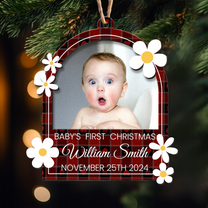 Baby's First Christmas With Flowers - Personalized Wooden Photo Ornament