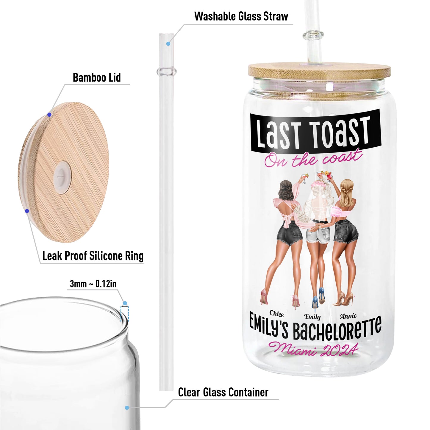 Bachelorette Gift Last Toast On The Coast - Personalized Clear Glass Cup