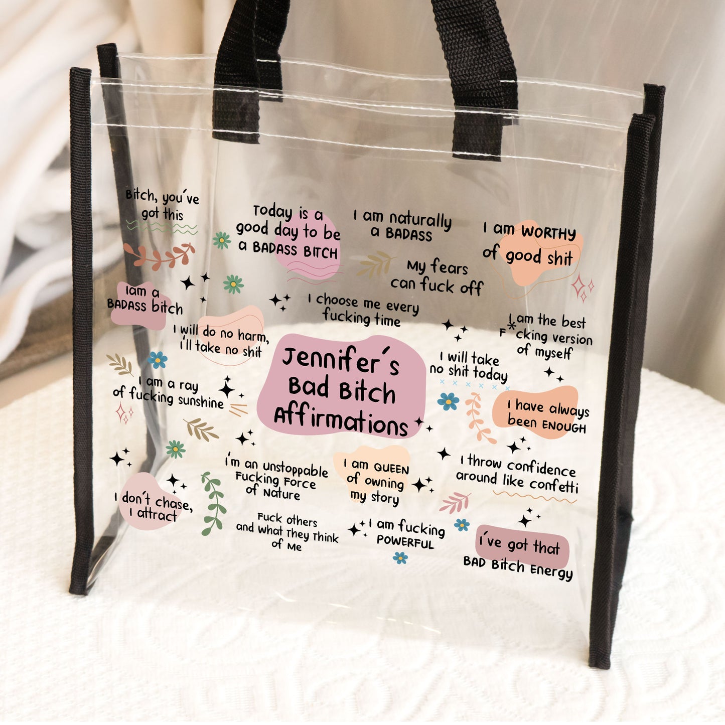 Bad B*tch Affirmations - Funny Gifts For Coworkers, Friends - Custom Clear Tote Bag