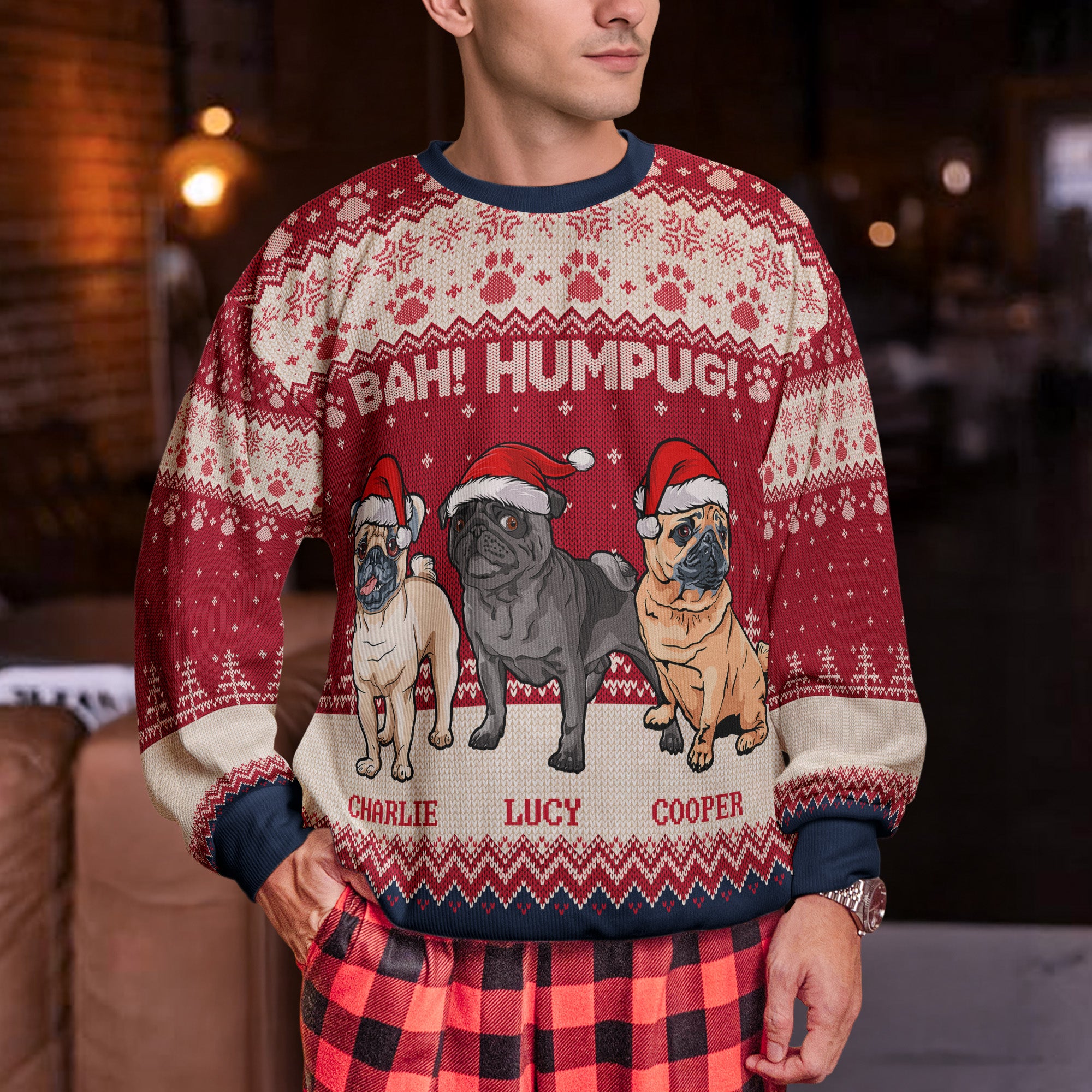 Bah Hum Pug Dog Lovers - Personalized Ugly Sweater