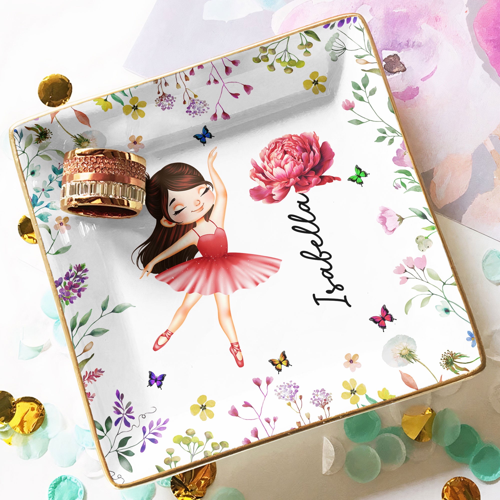Ballerina, Ballet Girl Birth Flower - Personalized Jewelry Dish