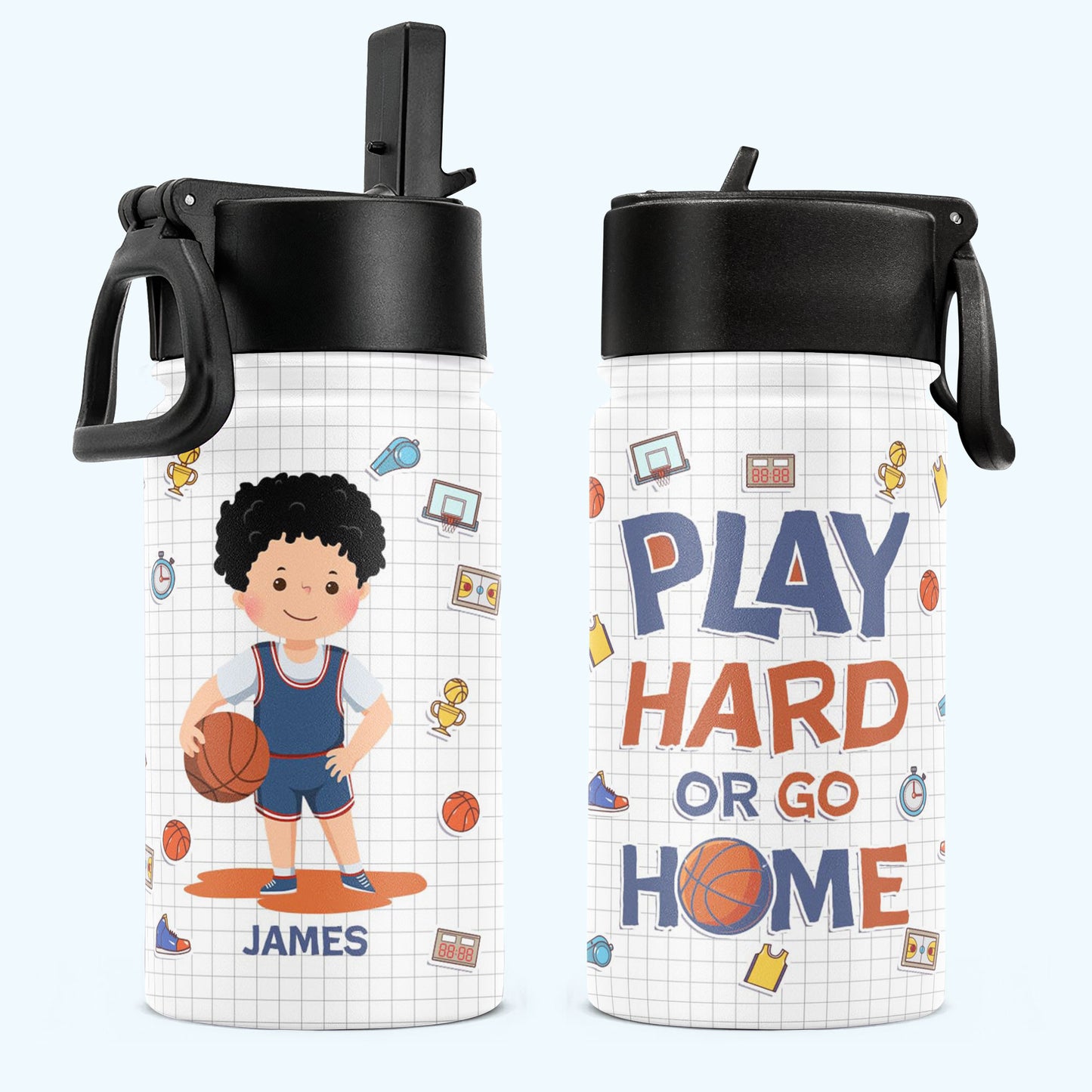 Basketball Play Hard Or Go Home - Personalized Kids Water Bottle With Straw Lid