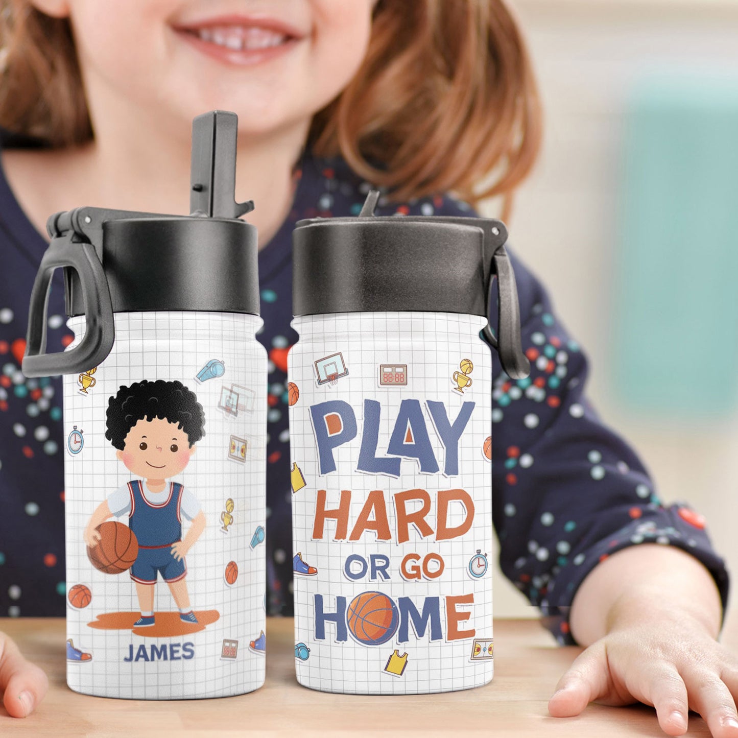 Basketball Play Hard Or Go Home - Personalized Kids Water Bottle With Straw Lid