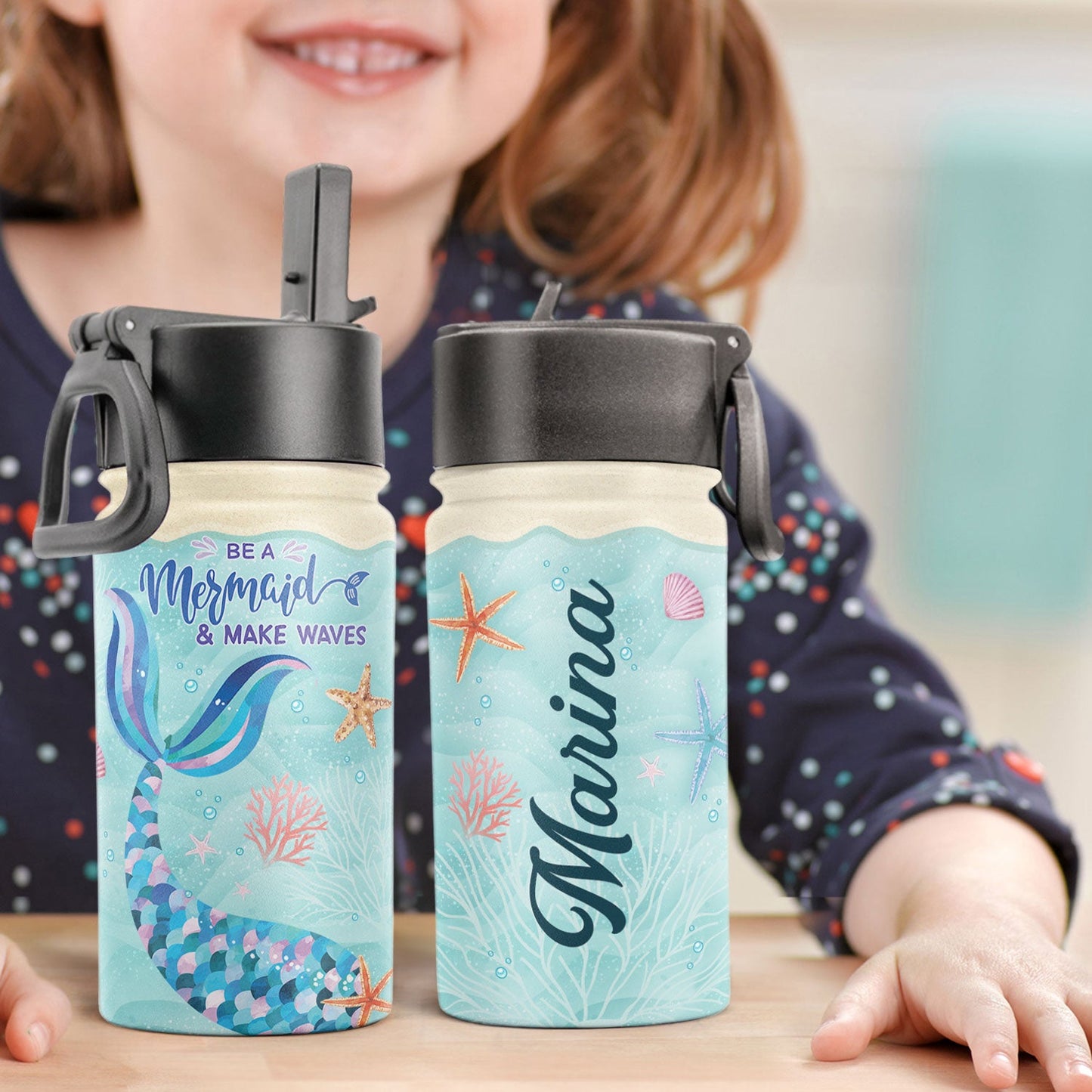 Be A Mermaid - Personalized Kids Water Bottle With Straw Lid