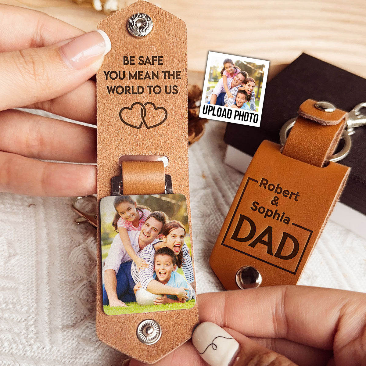 Be Safe You Mean The World To Us - Personalized Leather Photo Keychain