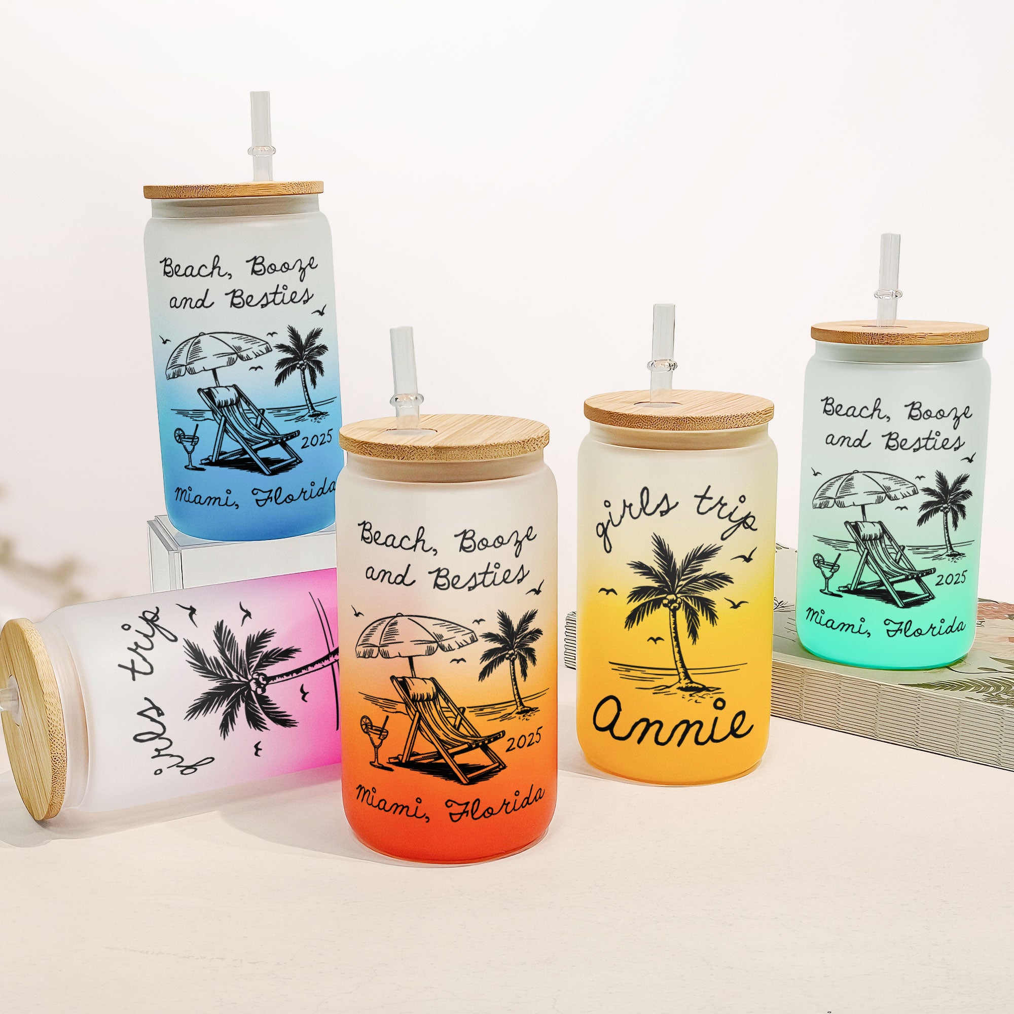 Beach, Booze And Besties - Summer Girls Trip - Personalized Frosted Glass Cup