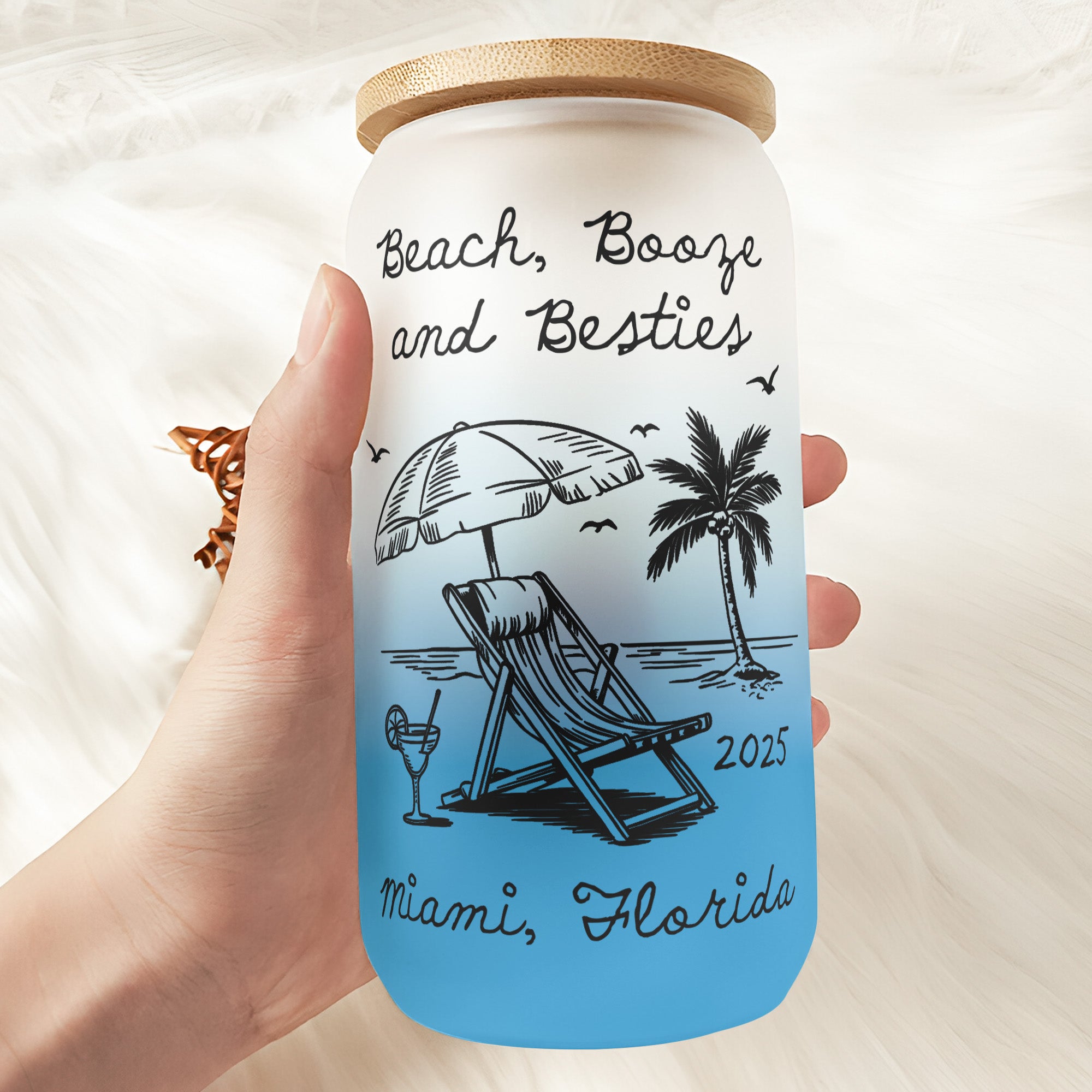Beach, Booze And Besties - Summer Girls Trip - Personalized Frosted Glass Cup