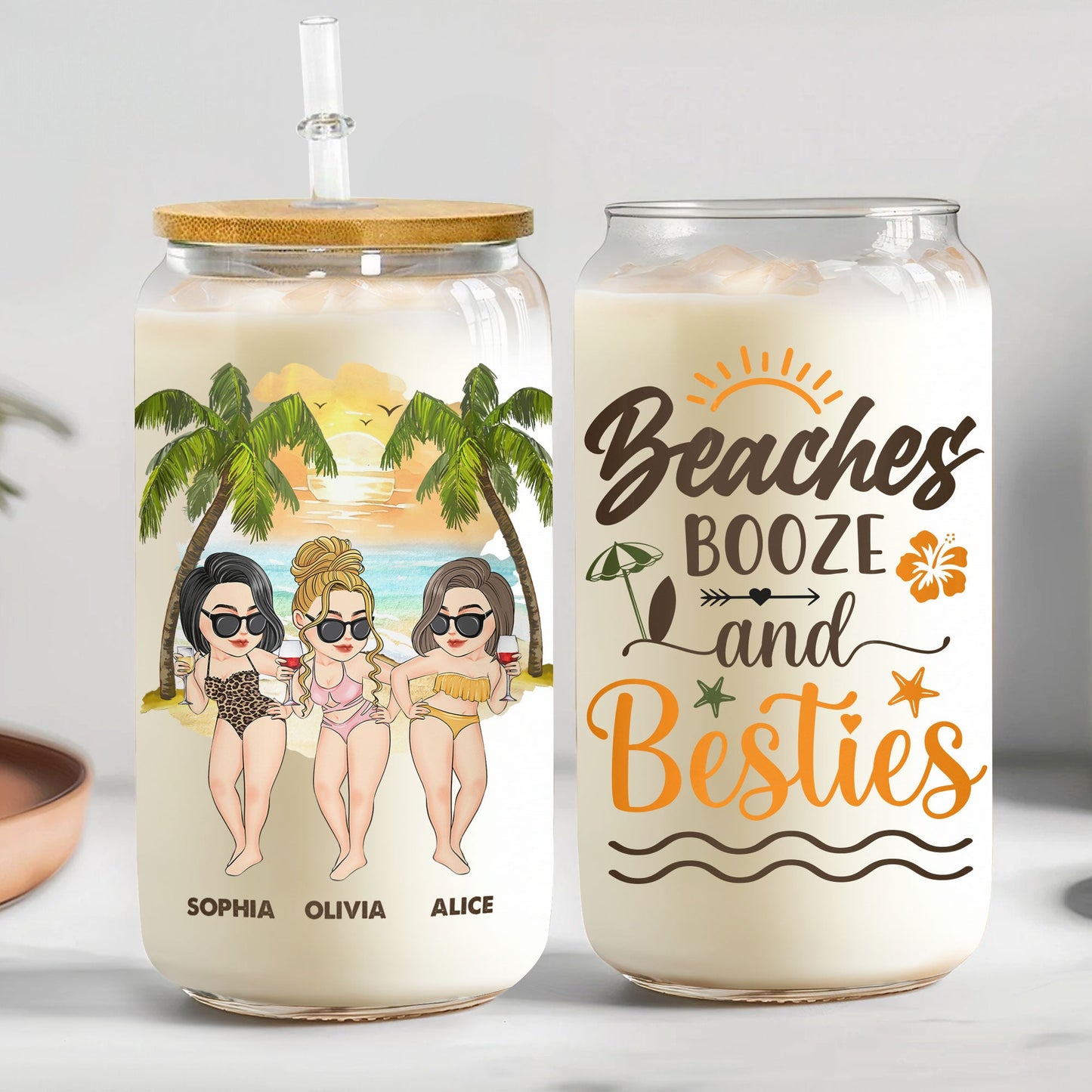 Beaches, Booze & Besties - Personalized Clear Glass Cup