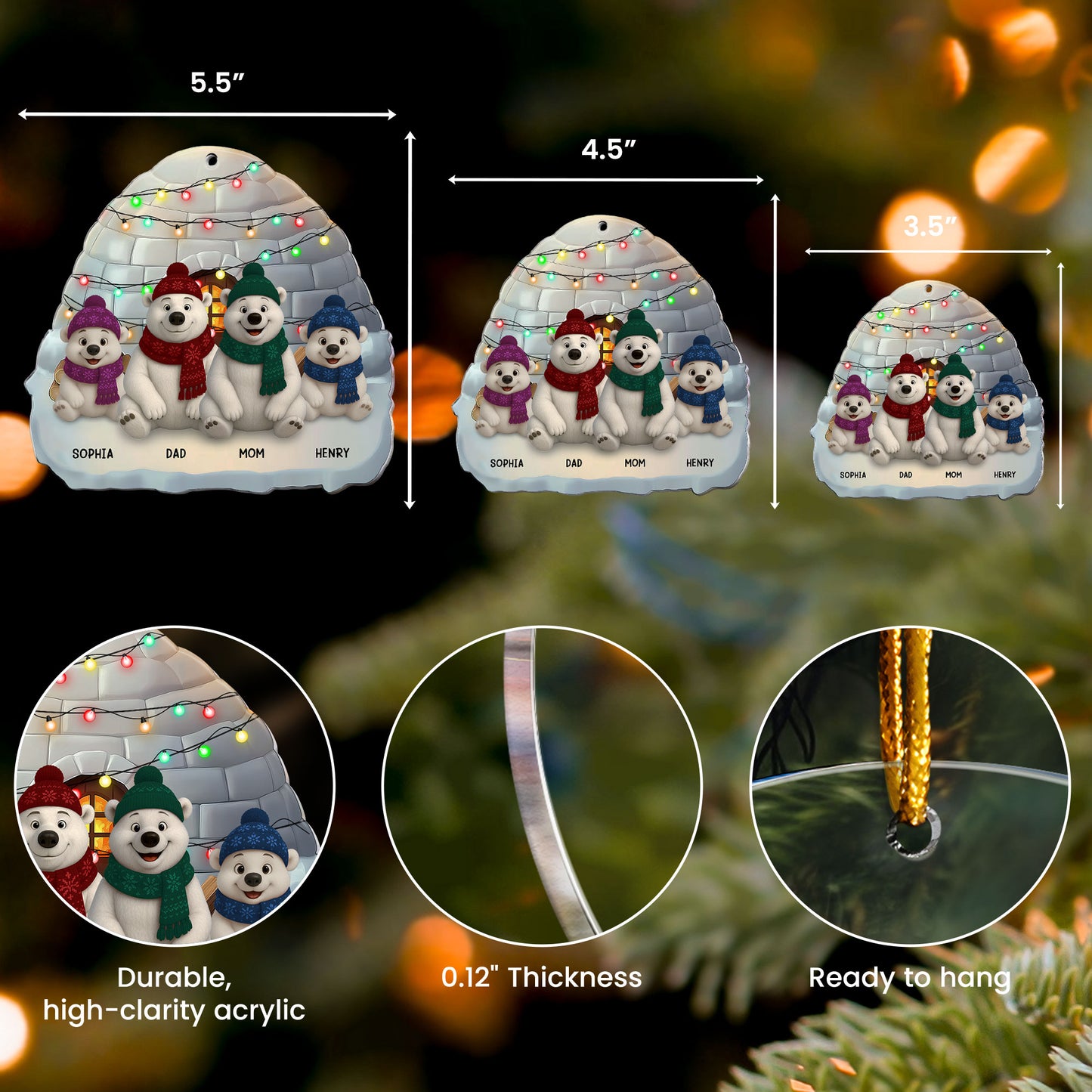 Bear Family - Christmas Version - Personalized Acrylic Ornament