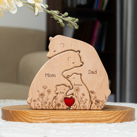 Bear Family Custom Name Floral Version - Personalized Wooden Bear Family Puzzle