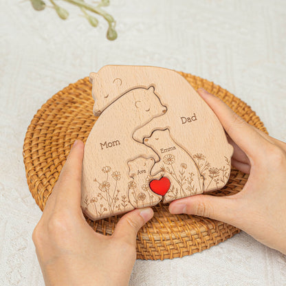 Bear Family Custom Name Floral Version - Personalized Wooden Bear Family Puzzle