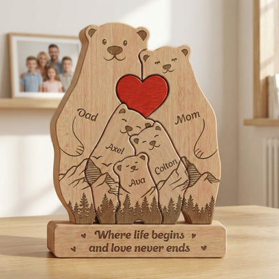 Bear Family, Mama Bear, Daddy Bear & Baby Cubs - Forest Style - Personalized Wooden Family Puzzle