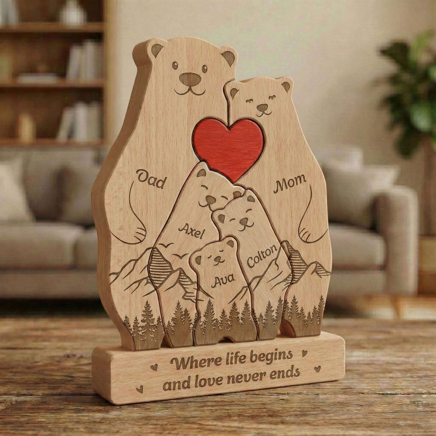 Father's Day Gifts, Bear Family, Mama Bear, Daddy Bear & Baby Cubs - Forest Style - Personalized Wooden Family Puzzle