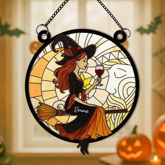 Beautiful Witch Drink Wine - Personalized Window Hanging Suncatcher Ornament