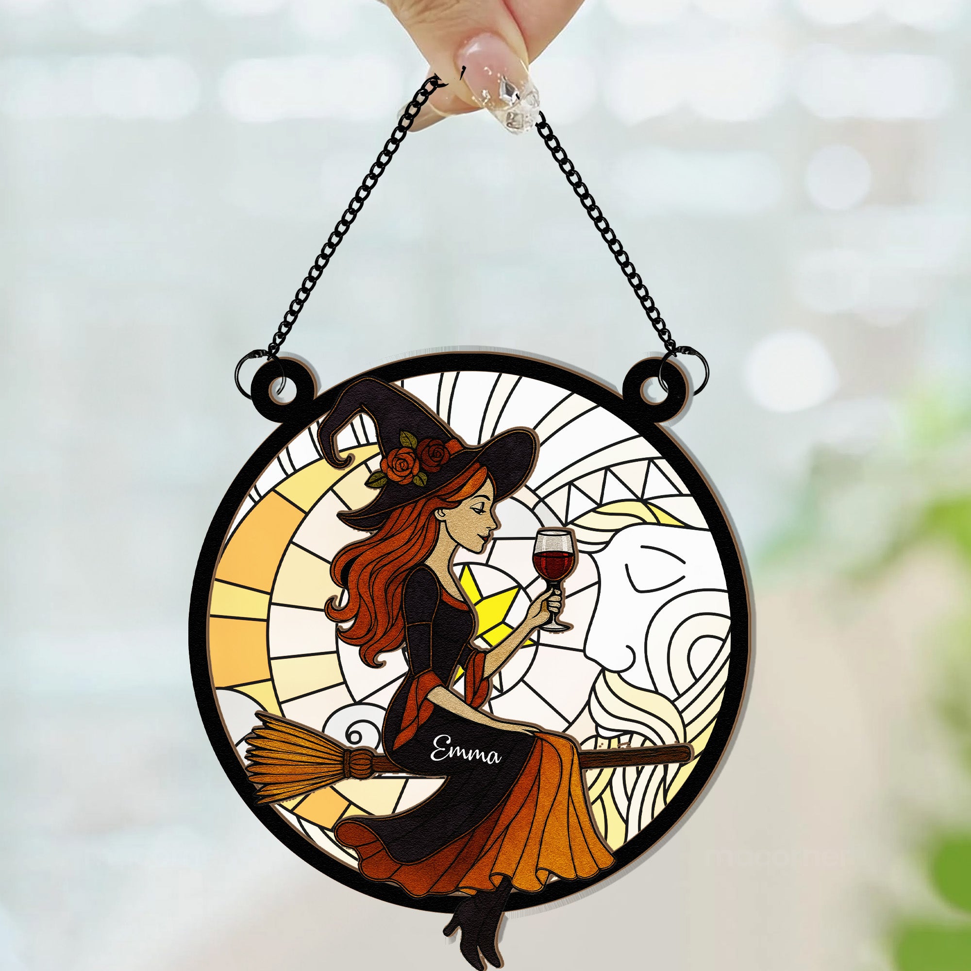 Beautiful Witch Drink Wine - Personalized Window Hanging Suncatcher Ornament
