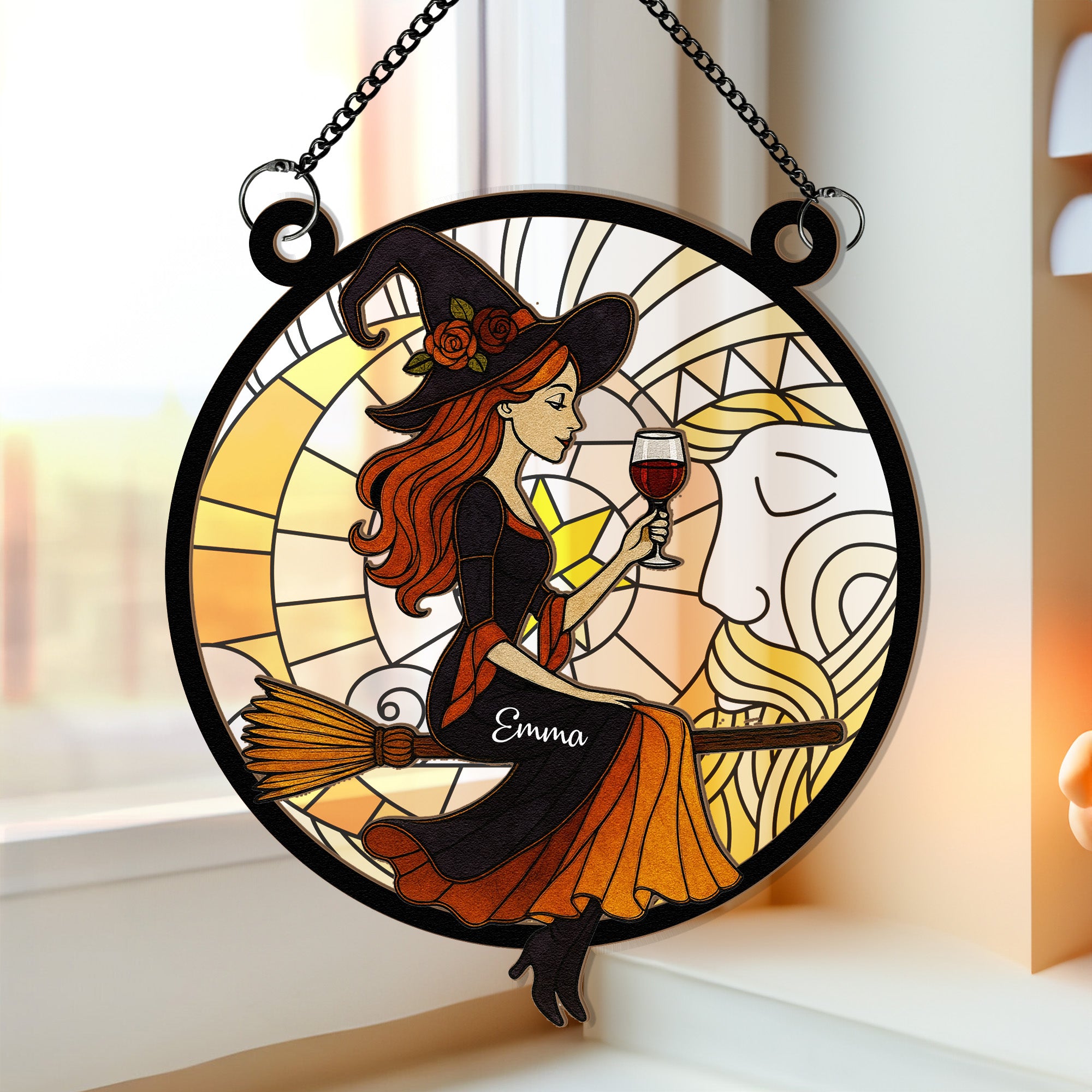 Beautiful Witch Drink Wine - Personalized Window Hanging Suncatcher Ornament