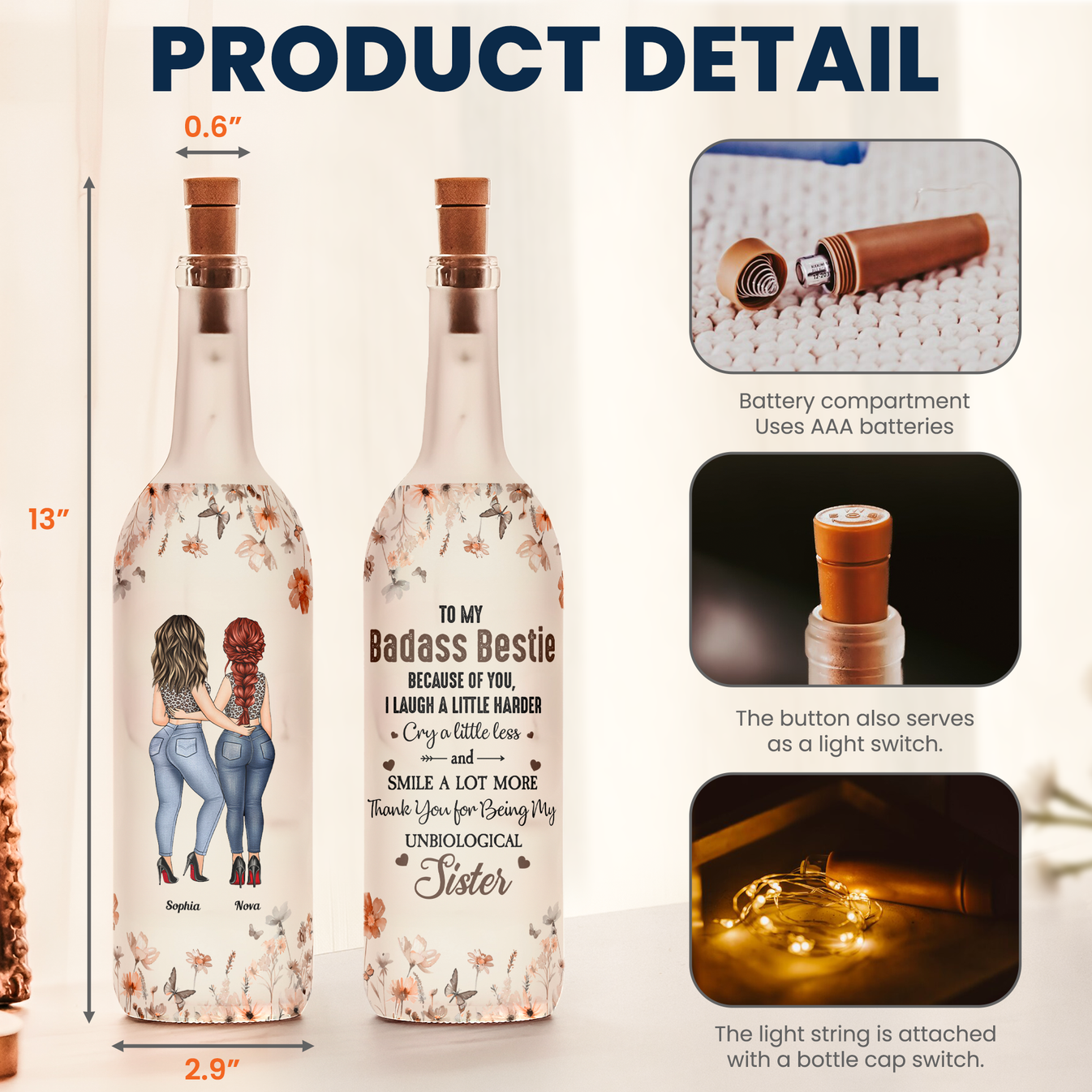 Wish You Were Here - Bestie Personalized Custom Bottle Lamp - Gift For Best Friends, BFF, Sisters main image 1