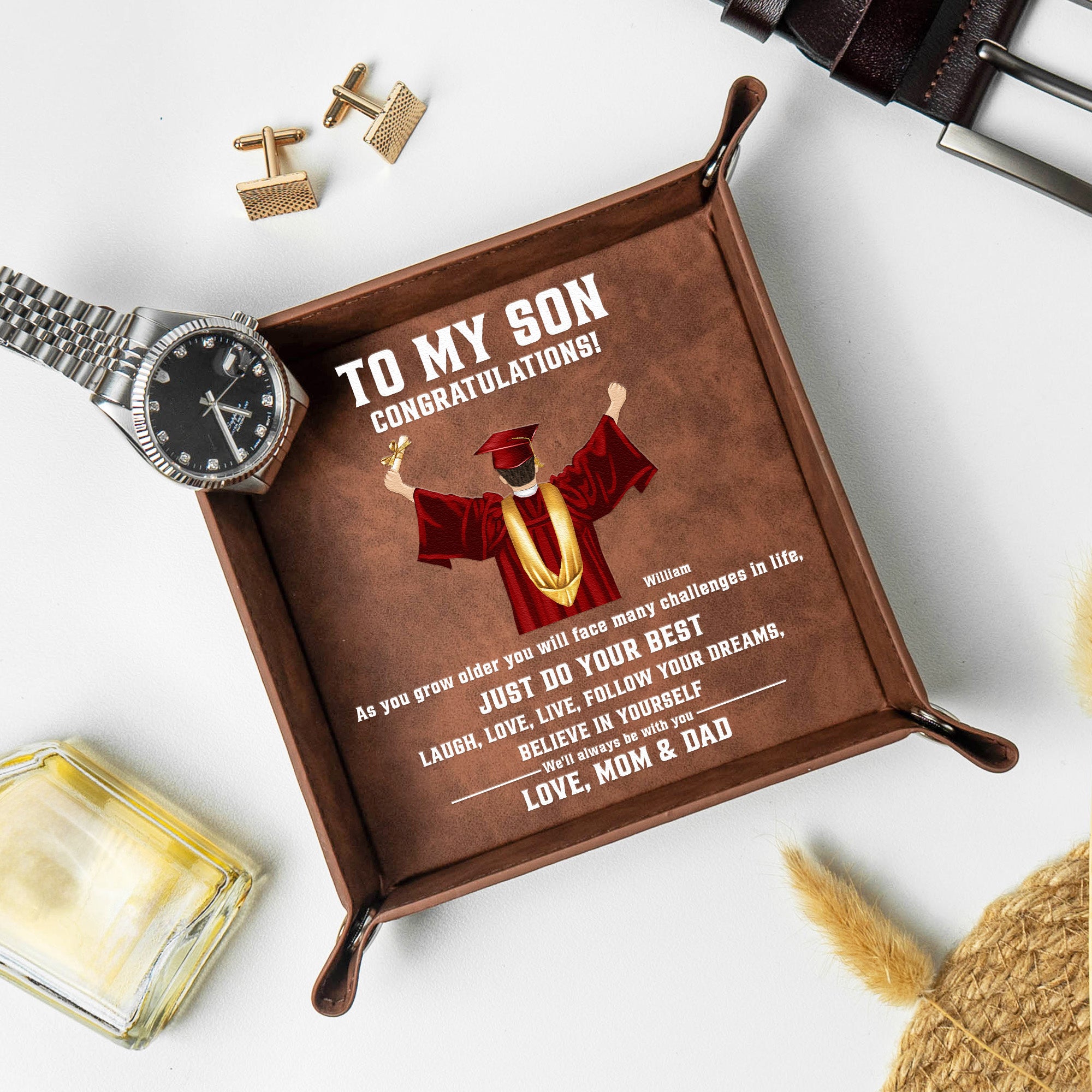 Believe In Yourself Gift For Son Grandson - Personalized Leather Valet Tray