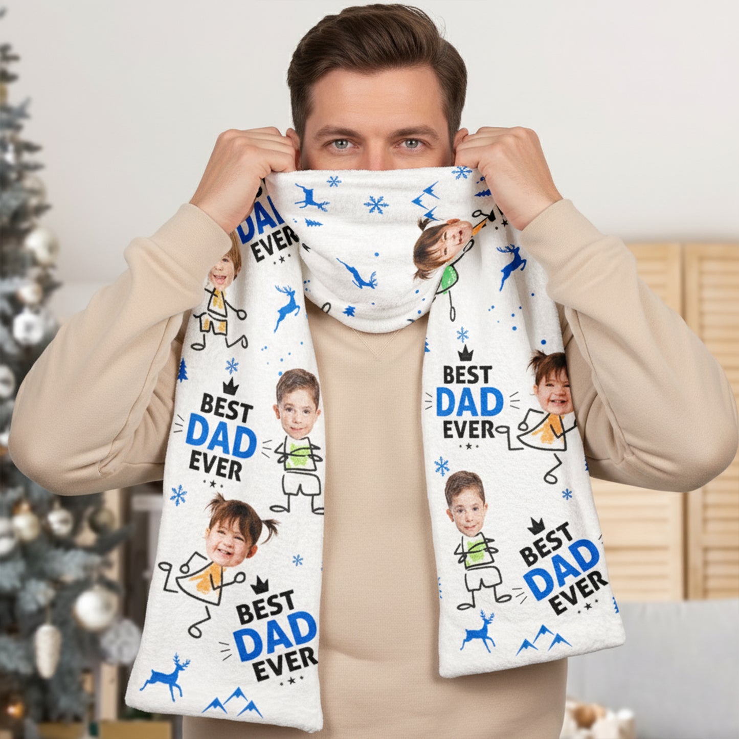 Best Dad Ever Custom Kid Faces - Personalized Fleece Scarf