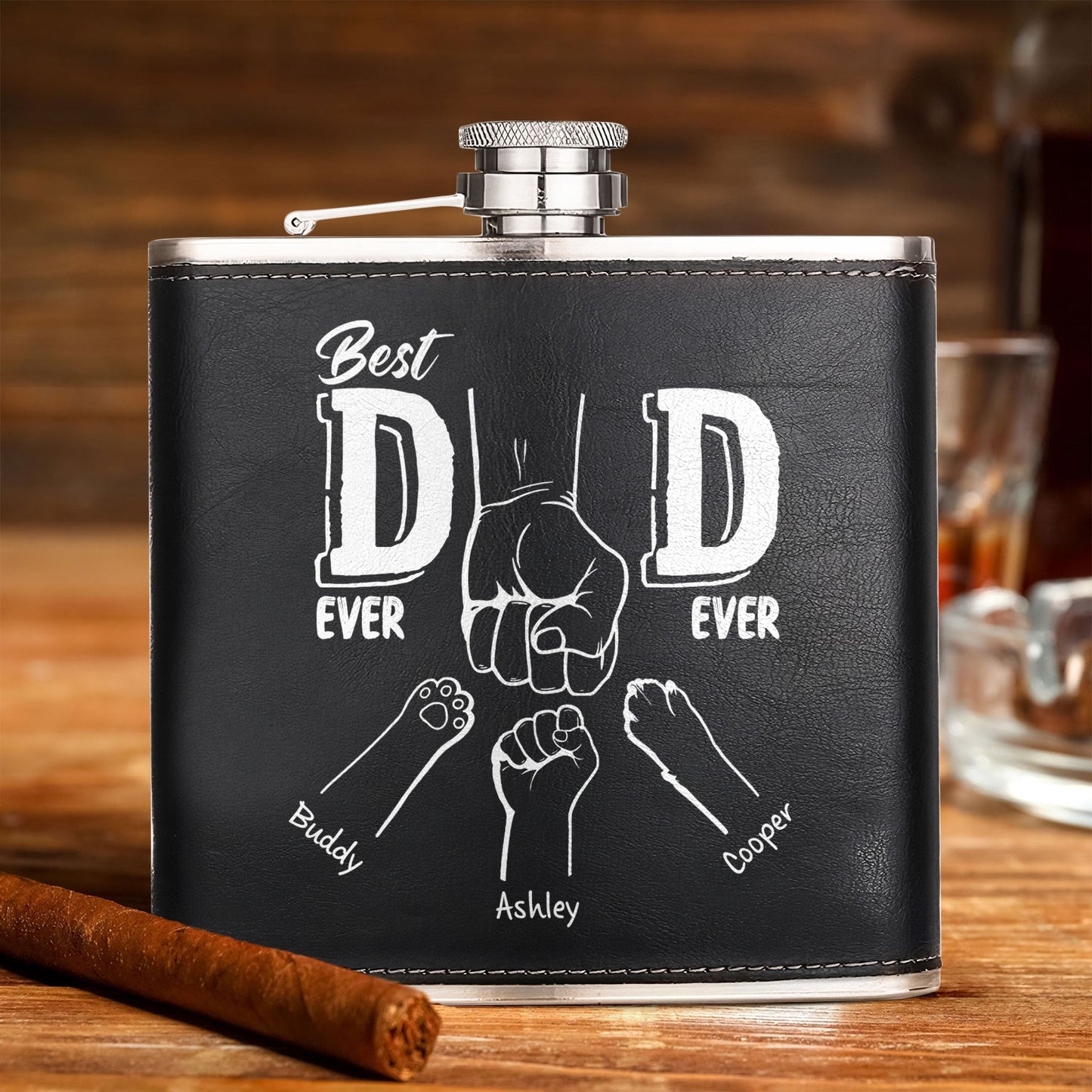 Best Dad Ever - Line Version - Personalized Leather Flask