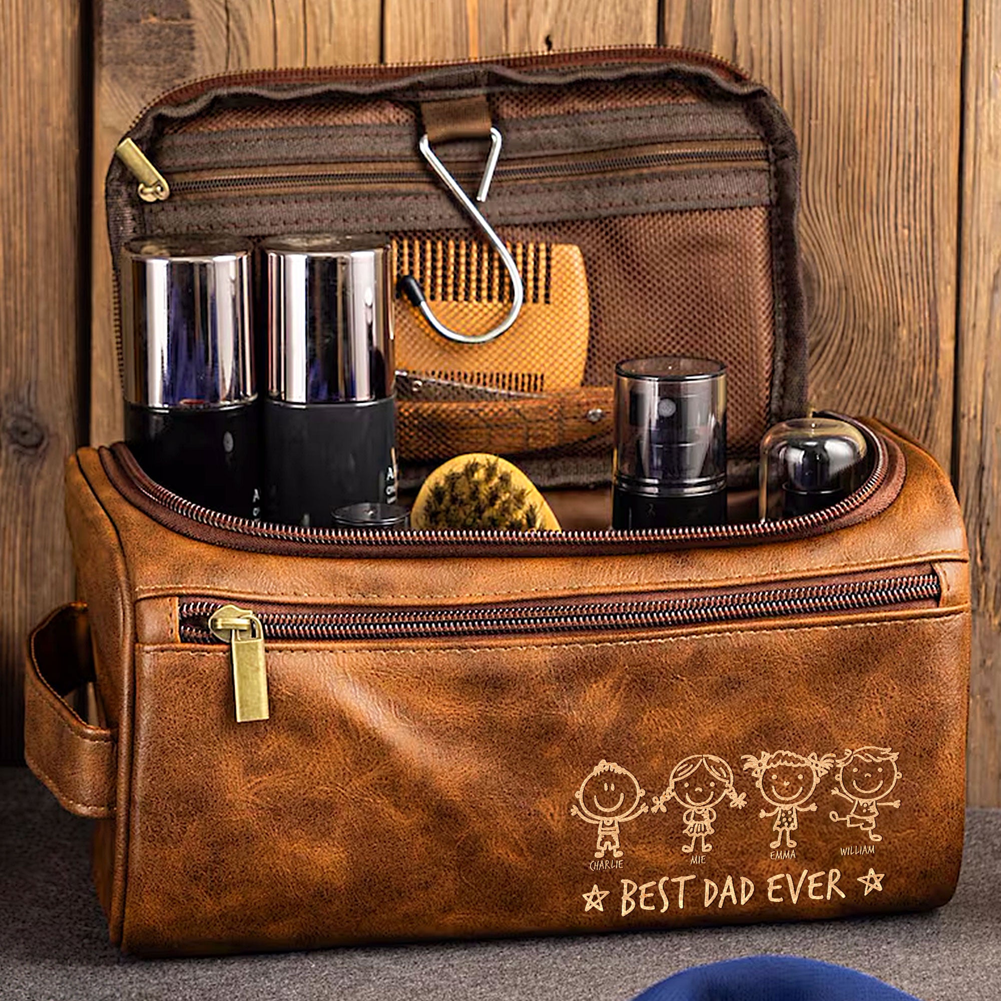 Best Dad Ever - Stick Figure Version - Personalized Leather Toiletry Bag
