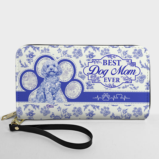 Best Dog Mom Ever Toile De Jouy Chinoiserie - Personalized Leather Long Wallet