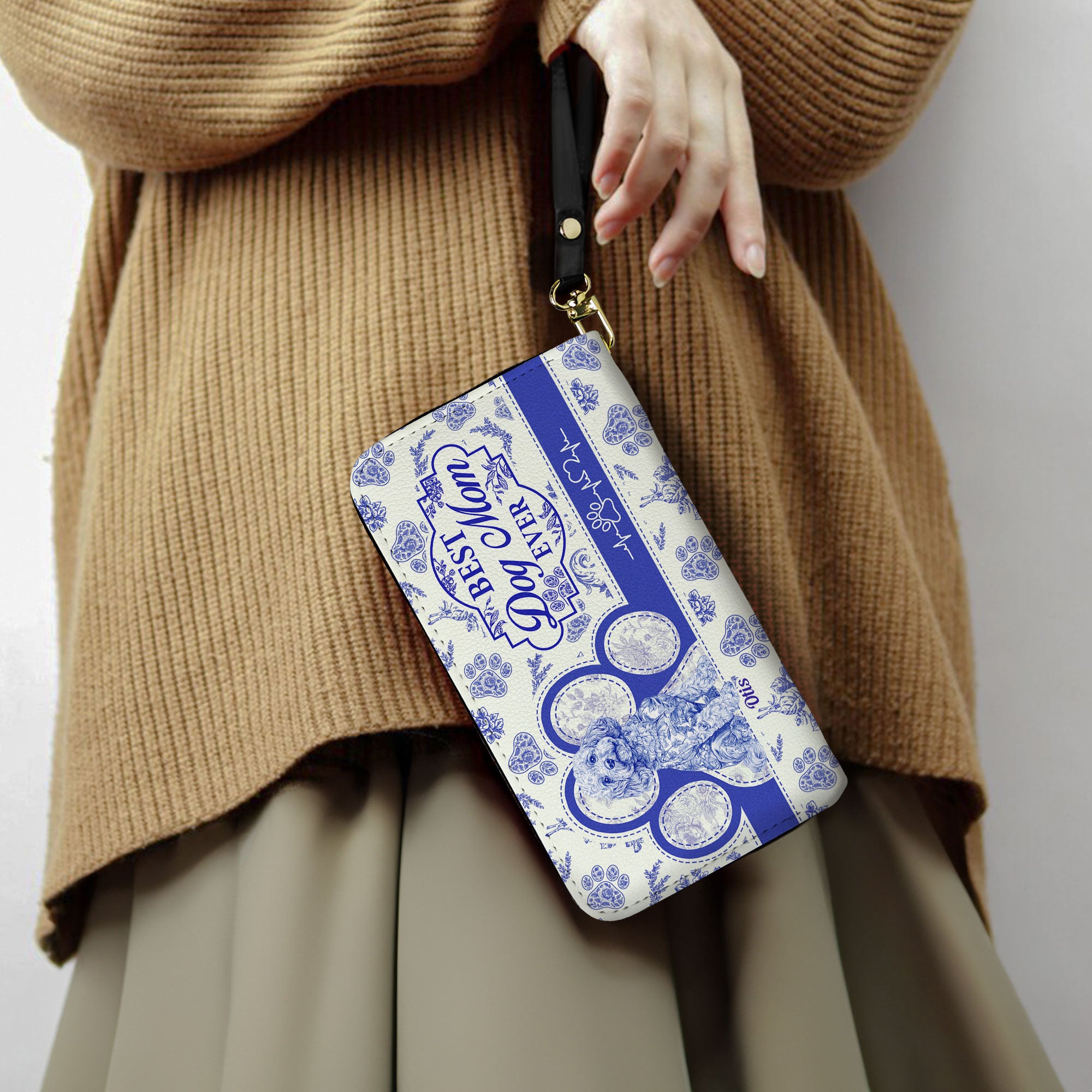 Best Dog Mom Ever Toile De Jouy Chinoiserie - Personalized Leather Long Wallet