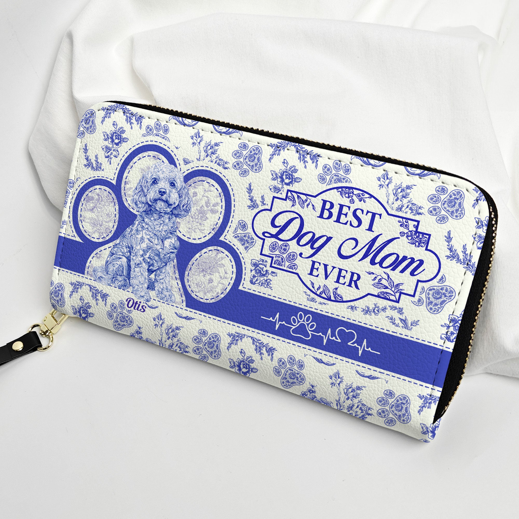 Best Dog Mom Ever Toile De Jouy Chinoiserie - Personalized Leather Long Wallet