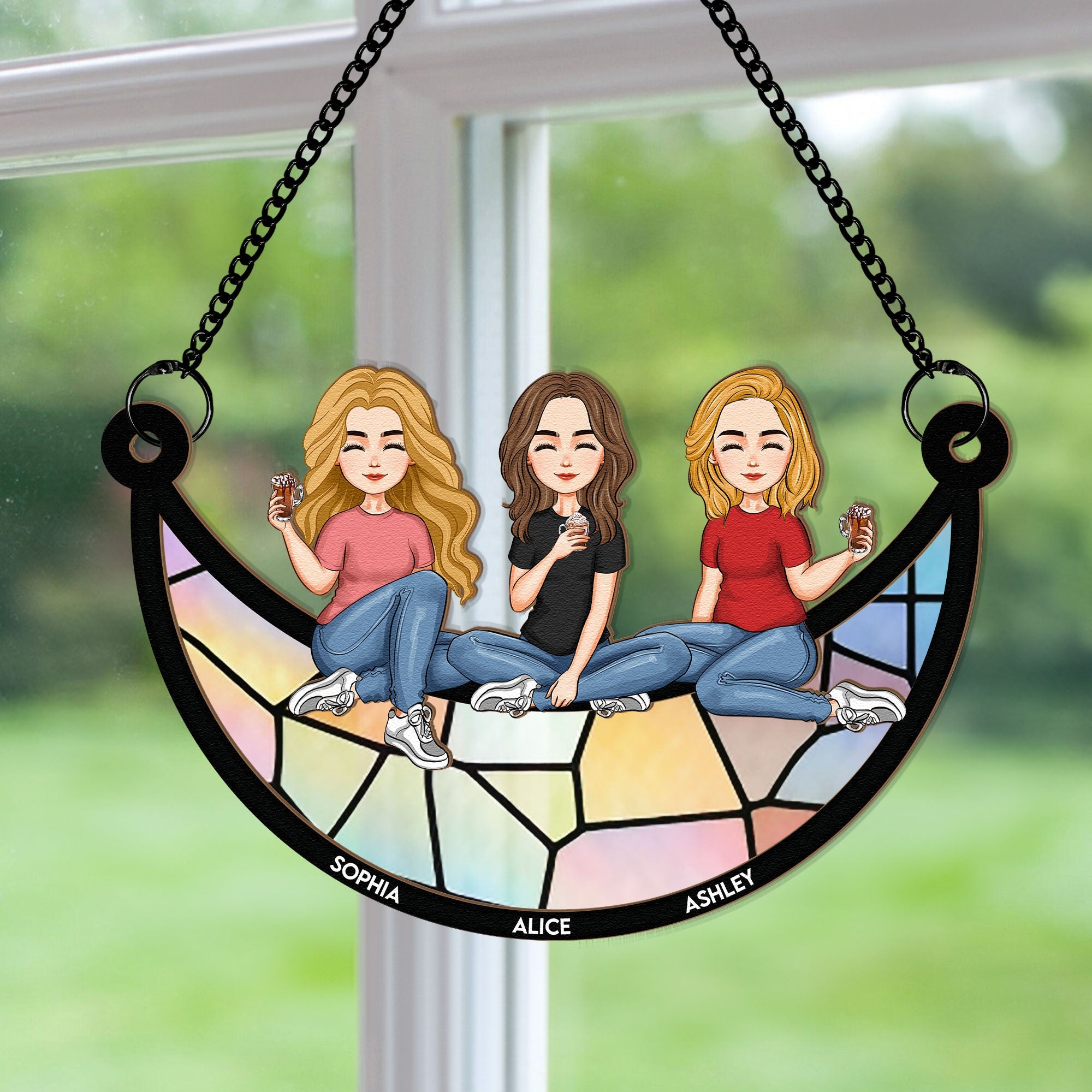 Best Friends Sitting On The Moon - Personalized Window Hanging Suncatcher Ornament