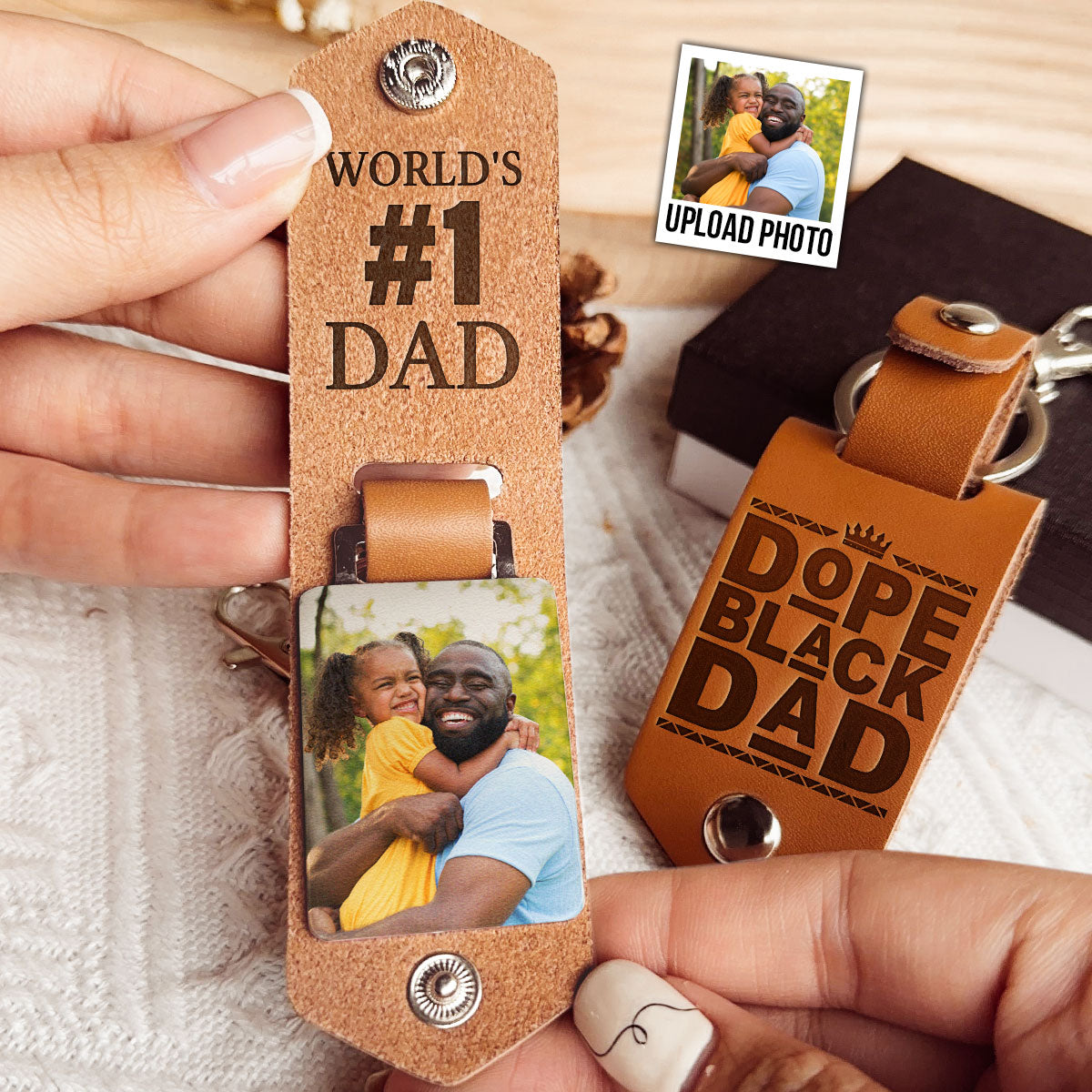 Best #1 Dad - Personalized Leather Photo Keychain