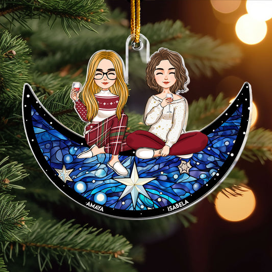 Sisters, Besties Sitting On The Moon - Christmas Time - Personalized Acrylic Ornament