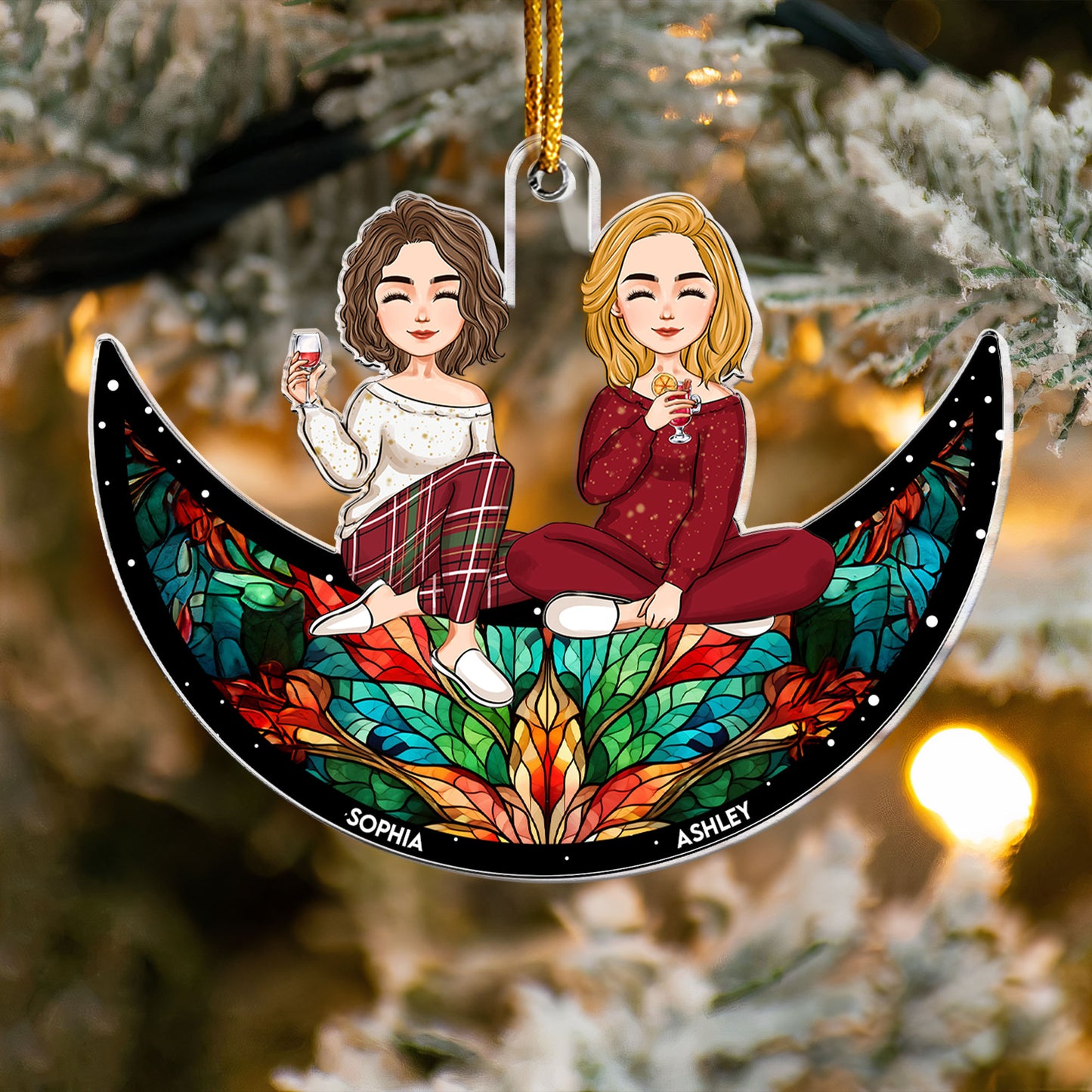 Sisters, Besties Sitting On The Moon - Christmas Time - Personalized Acrylic Ornament