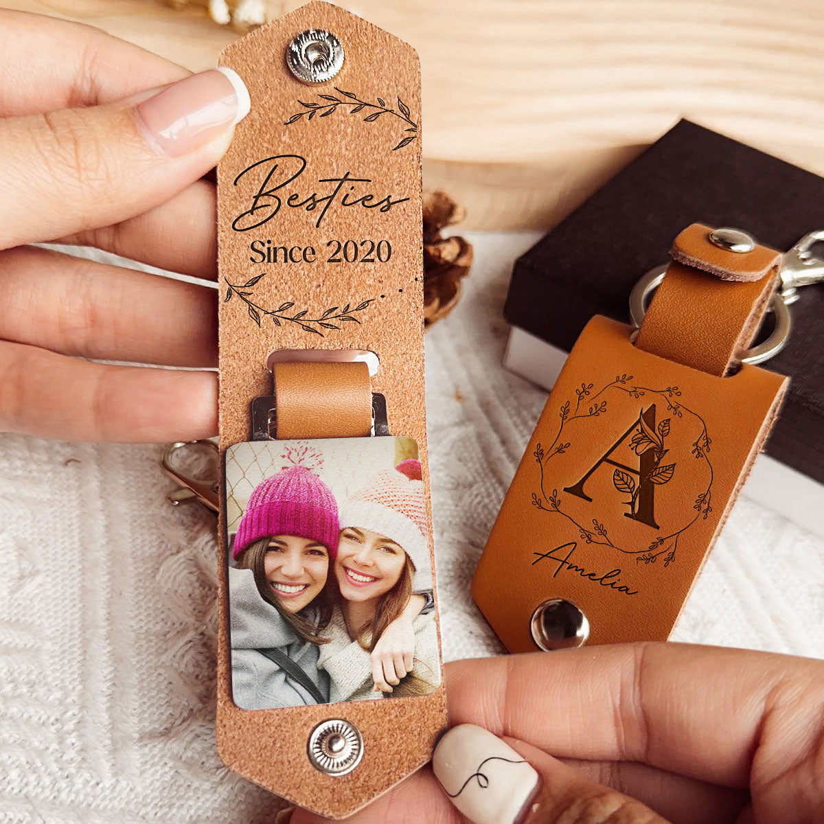 Bestie Since Custom Photo Gift For Friend - Personalized Leather Photo Keychain