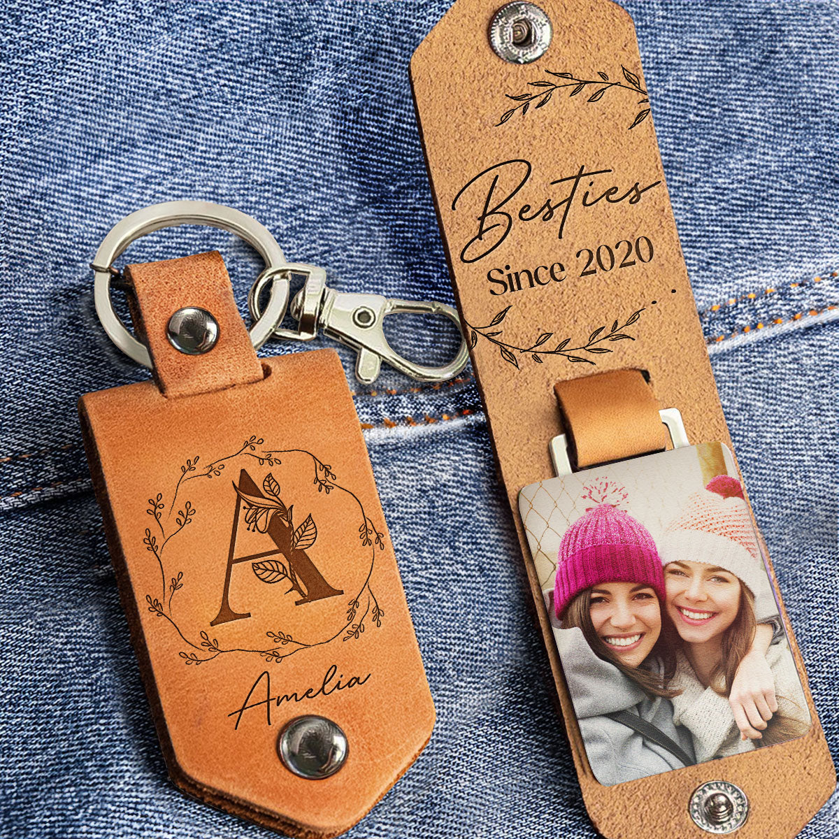 Bestie Since Custom Photo Gift For Friend - Personalized Leather Photo Keychain