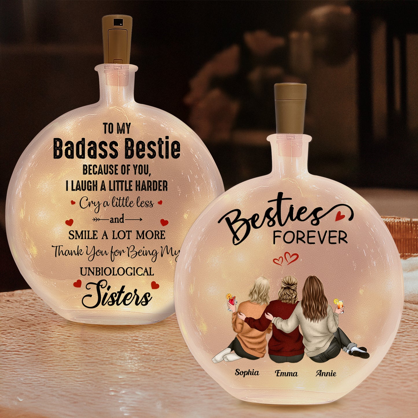 Besties Forever Because Of You I Laugh - Personalized Round Flat Bottle Light