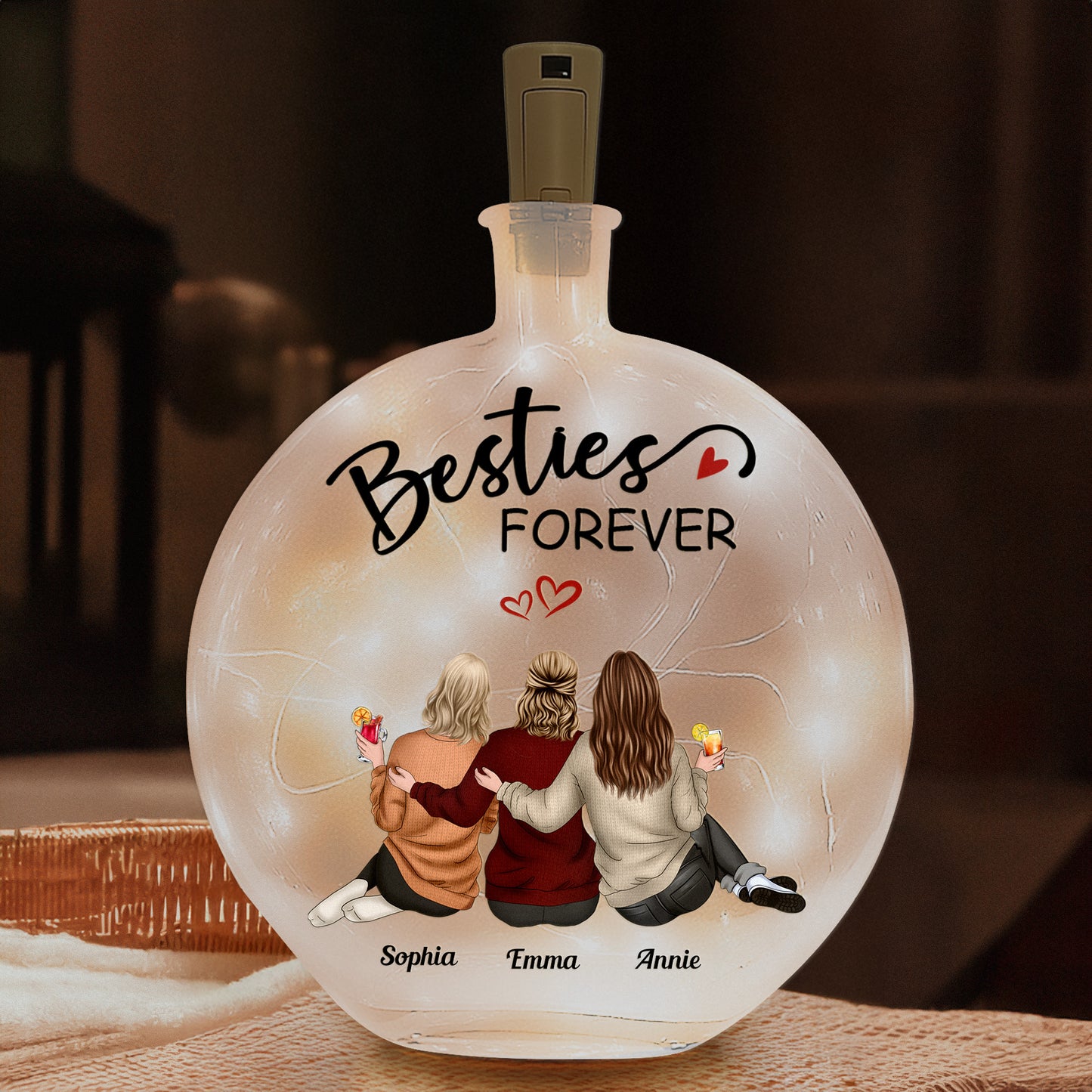 Besties Forever Because Of You I Laugh - Personalized Round Flat Bottle Light
