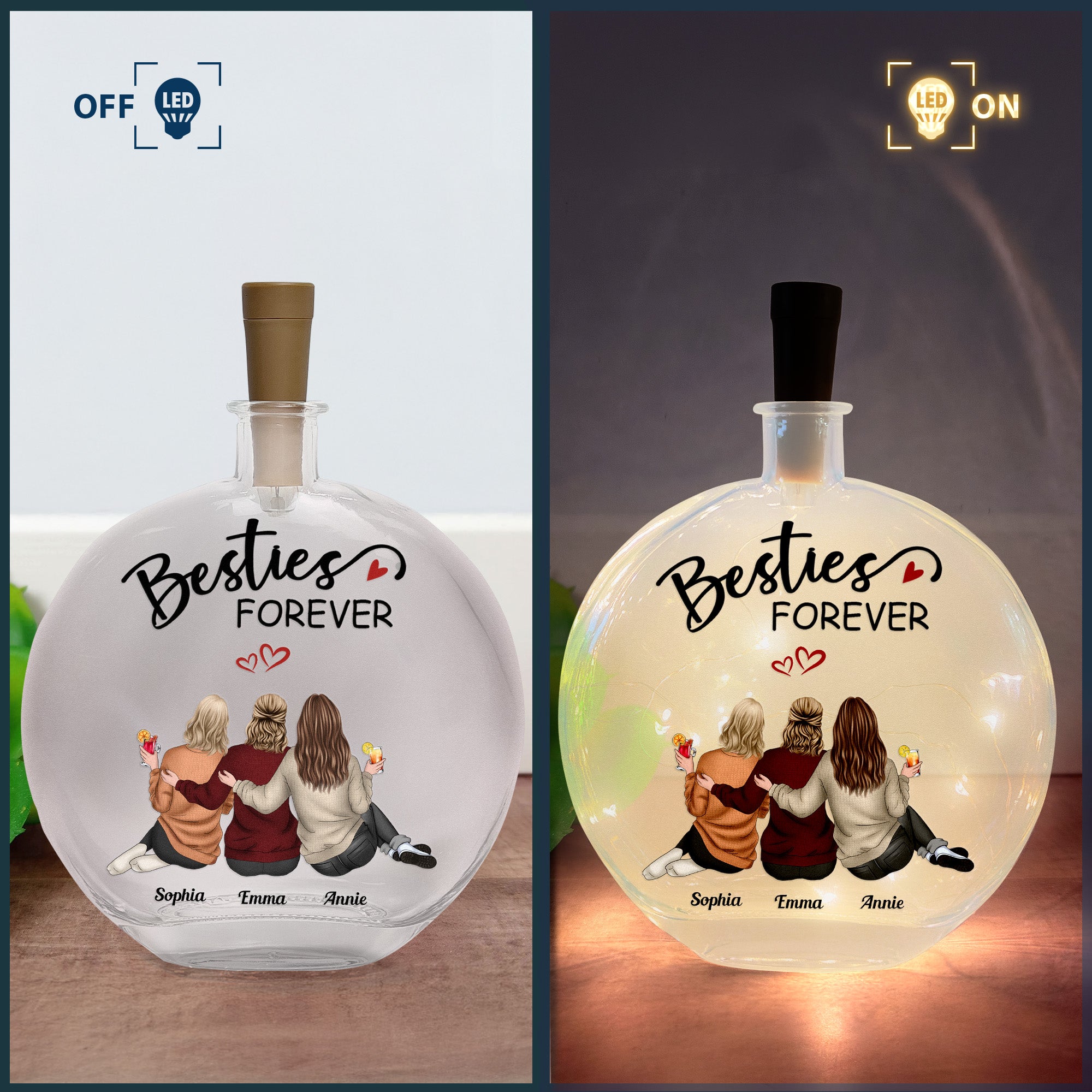 Besties Forever Because Of You I Laugh - Personalized Round Flat Bottle Light