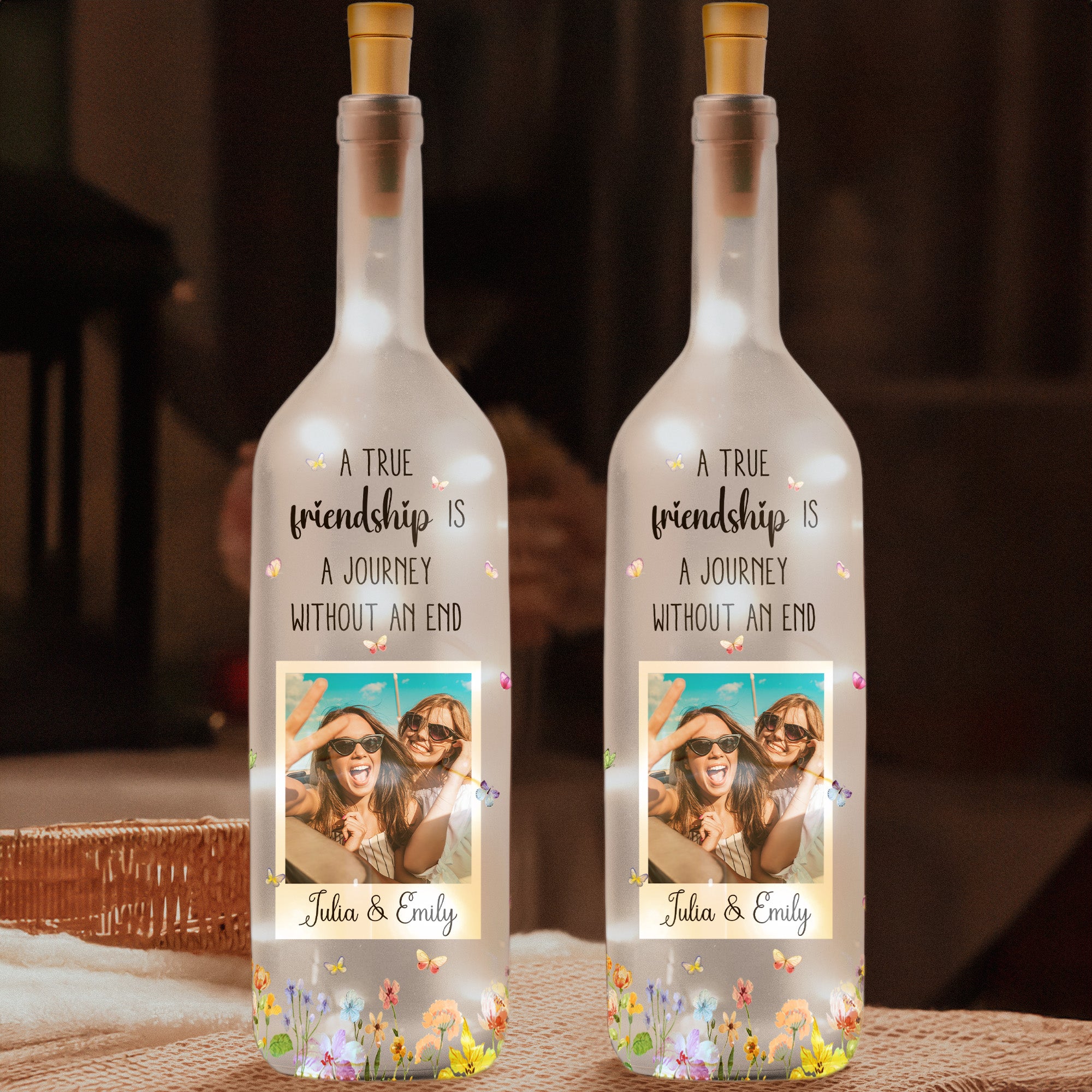 Besties Forever Floral - Thank You Gift For Friends - Personalized Photo Bottle Lamp
