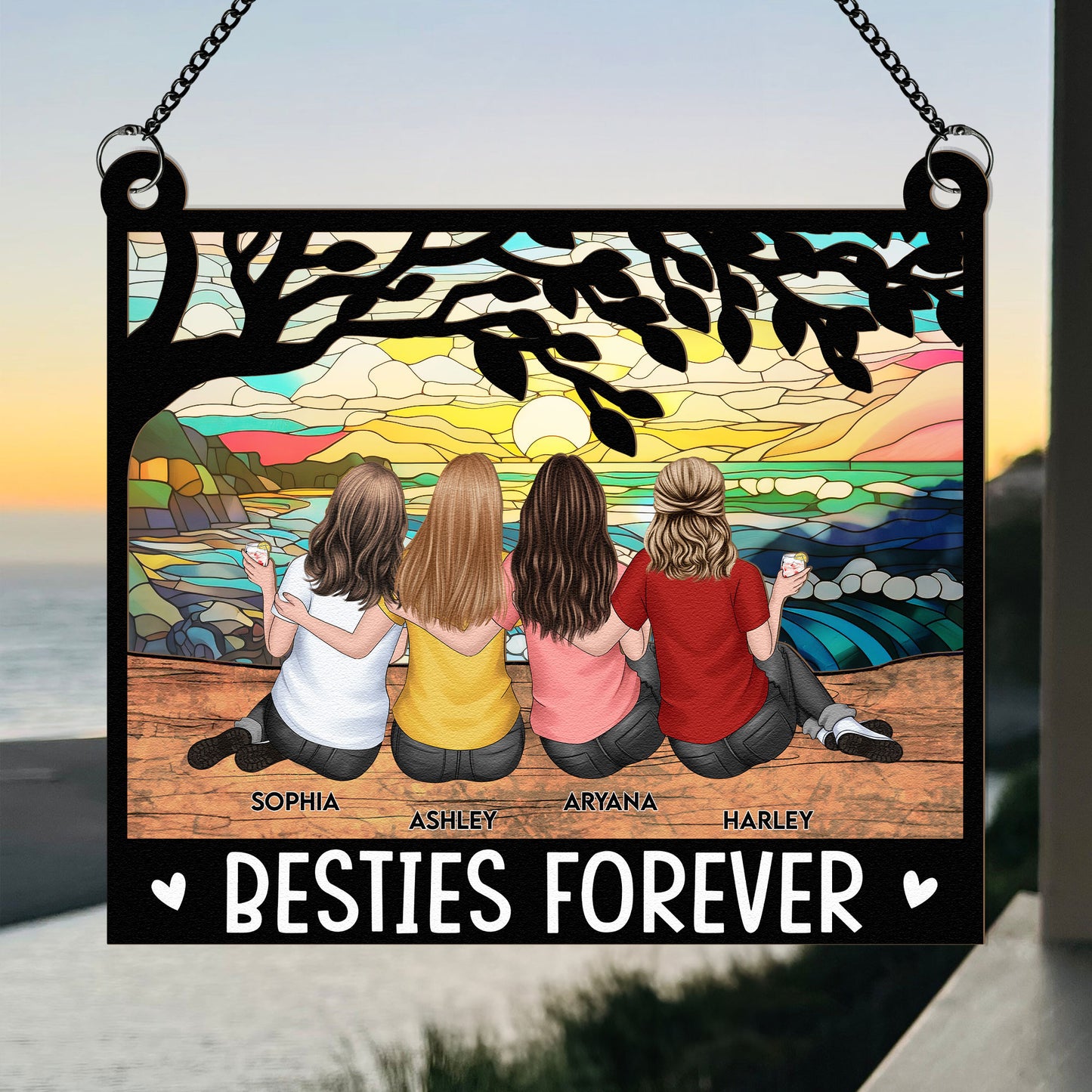 Besties Forever - Tree Version - Personalized Window Hanging Suncatcher Ornament