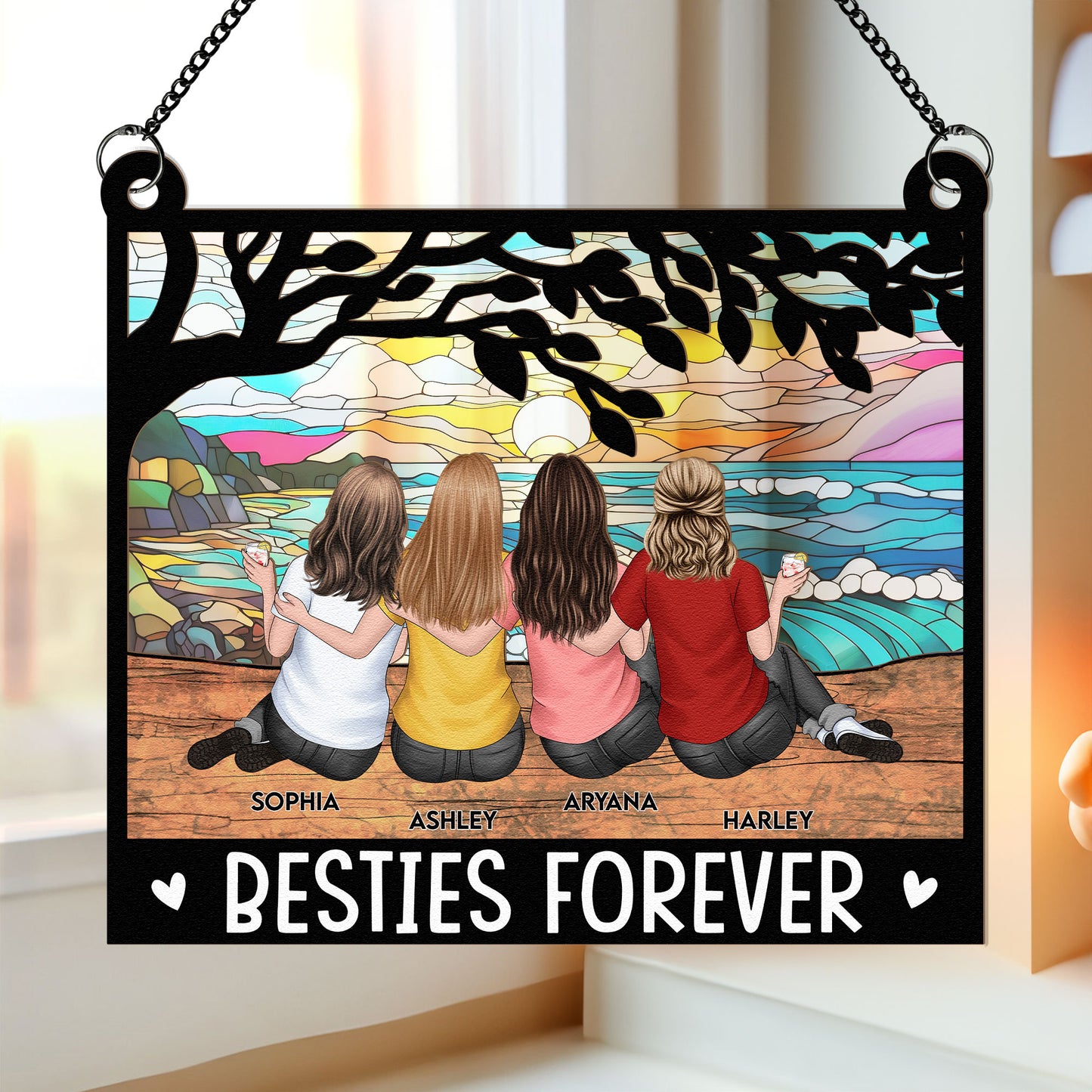 Besties Forever - Tree Version - Personalized Window Hanging Suncatcher Ornament