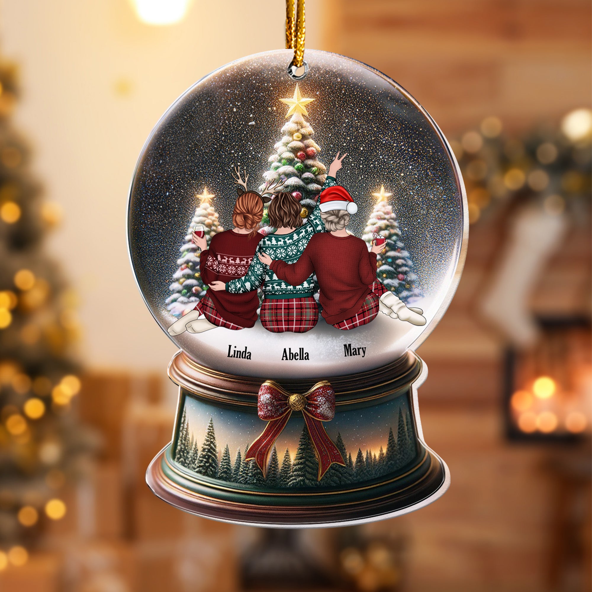 Besties Friends Sitting Together Christmas Snowglobe - Personalized Acrylic Ornament