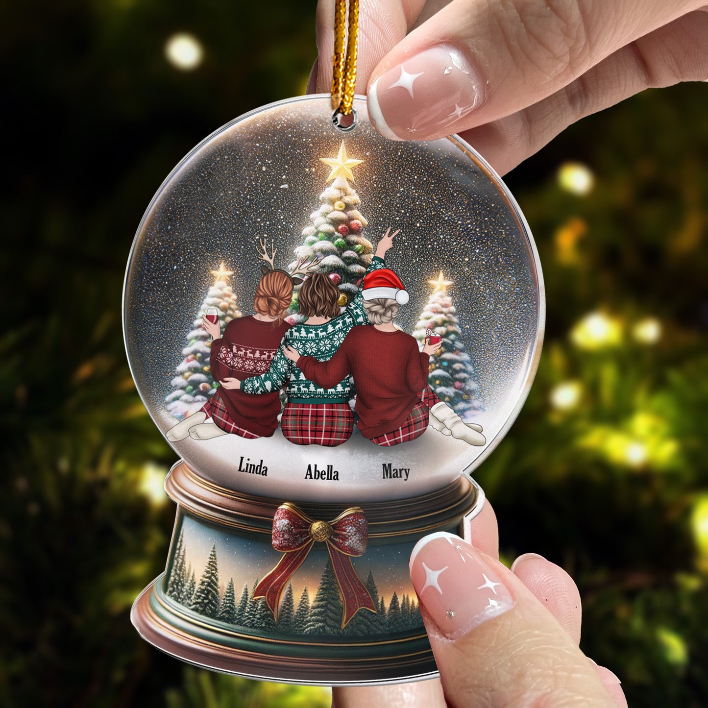 Besties Friends Sitting Together Christmas Snowglobe - Personalized Acrylic Ornament