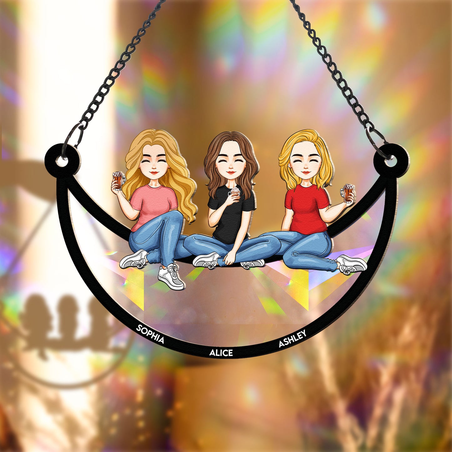 Besties Sitting On The Moon - Cartoon Version - Personalized Rainbow Suncatcher