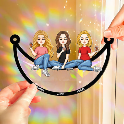 Besties Sitting On The Moon - Cartoon Version - Personalized Rainbow Suncatcher