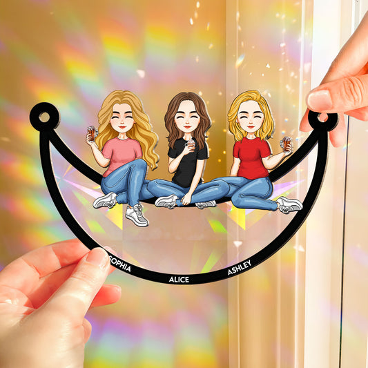 Besties Sitting On The Moon - Cartoon Version - Personalized Rainbow Suncatcher